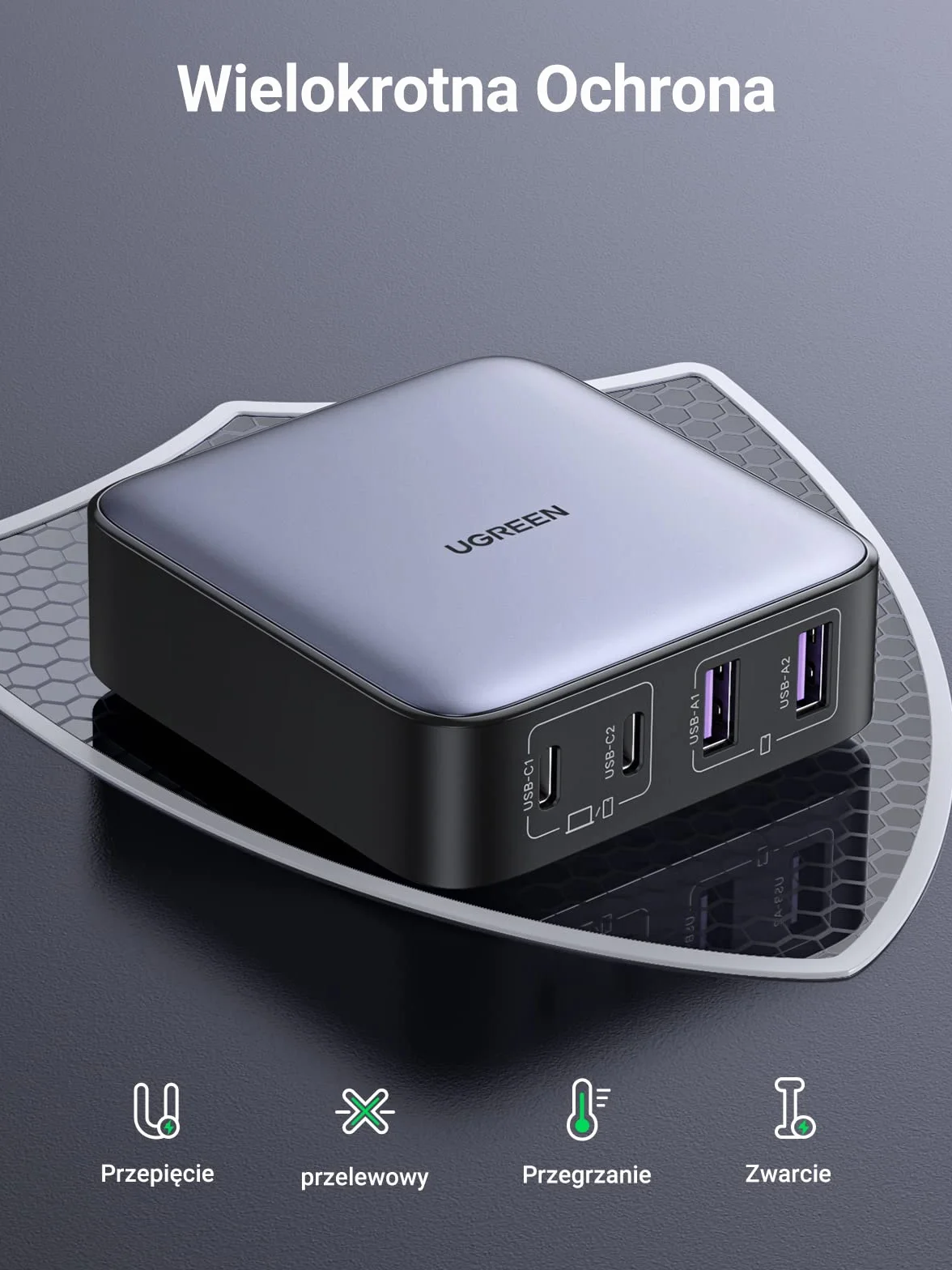 UGREEN Nexode 65W Ładowarka USB C GaN II Tech 4 porty kompatybilna MacBook Pro Air iPad iPhone Galaxy S24