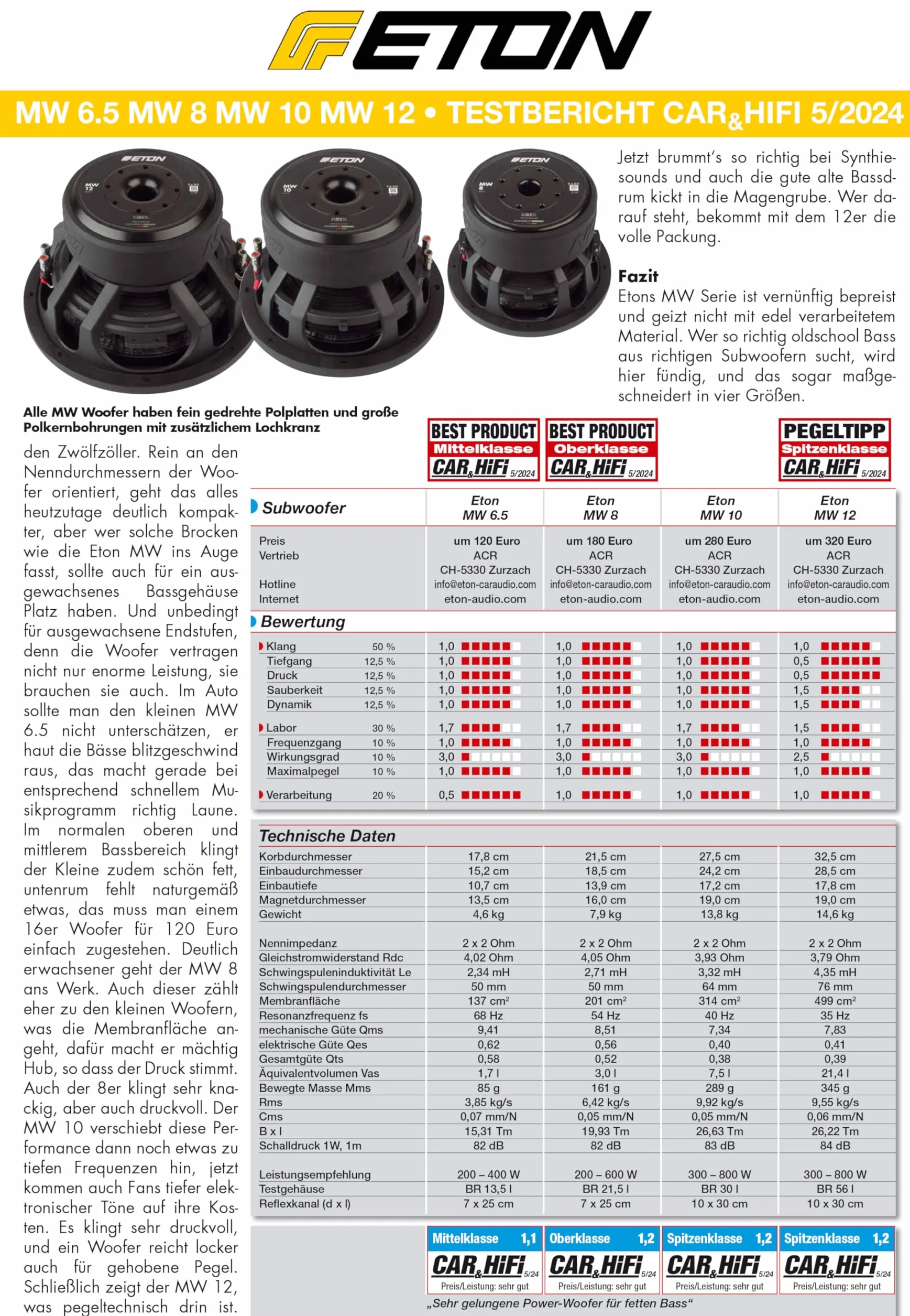 ETON MW 6.5 subwoofer 16,5 cm 6,5 cala długi skok basowy głośnik niskotonowy magnes ferrytowy podwójna cewka 2 omy 2 x 250 W