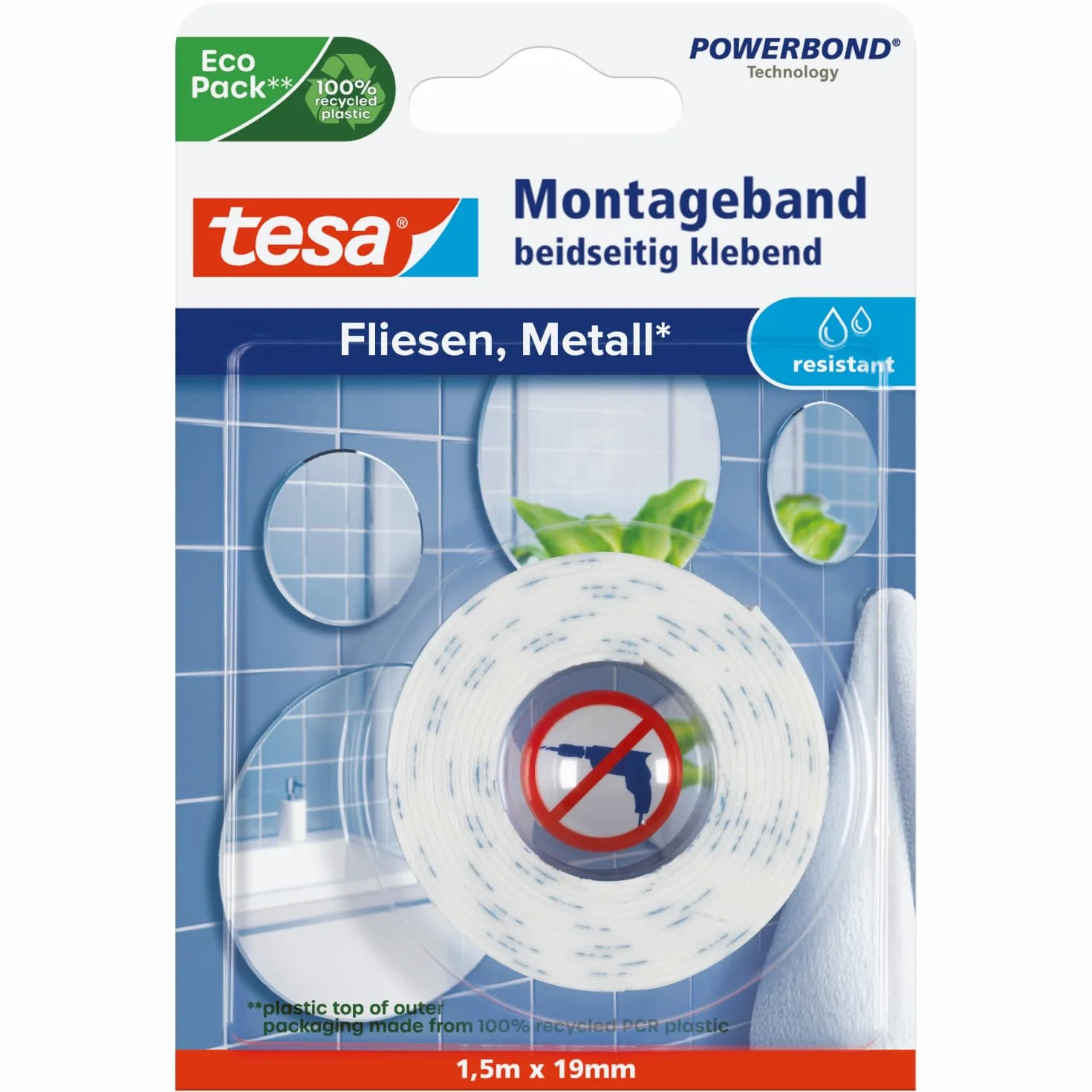 tesa Powerbond taśma montażowa do płytek i metalu, odporna na wilgotne pomieszczenia, o udźwigu do 10 kg na metr – dwustronna taśma klejąca do gładkich powierzchni – 1,5 m x 19 mm