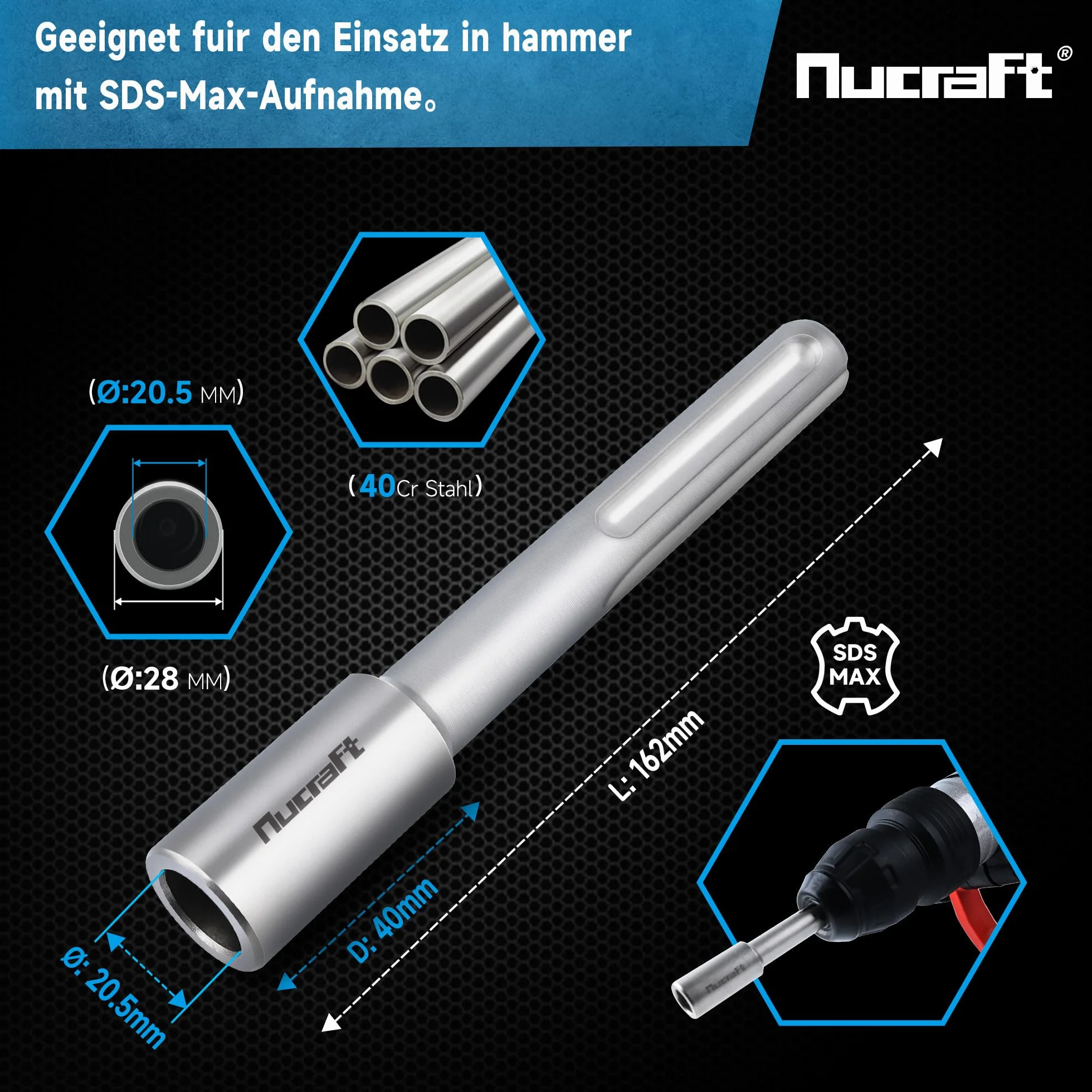 Nucraft SDS-MAX profesjonalny chwytak do wbijania gwoździ głębokich, uziemienie pręta, 162 x 28 mm, średnica wewnętrzna 20,5 mm