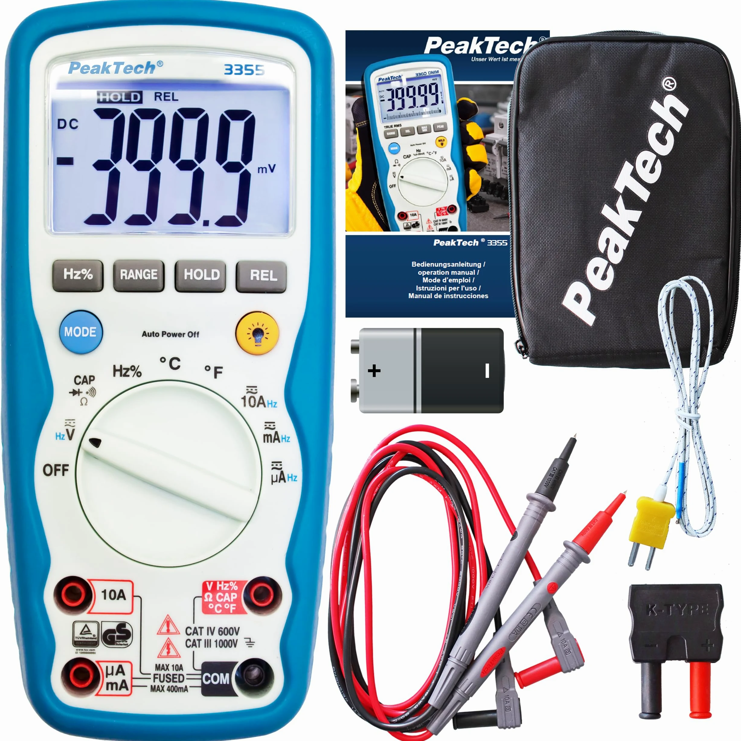 PeakTech TrueRMS P 3355 multimetr cyfrowy, wodoodporny (IP 67), 3 3/4 cyfry, CAT III 1000V/CAT IV 600V, 1 sztuka