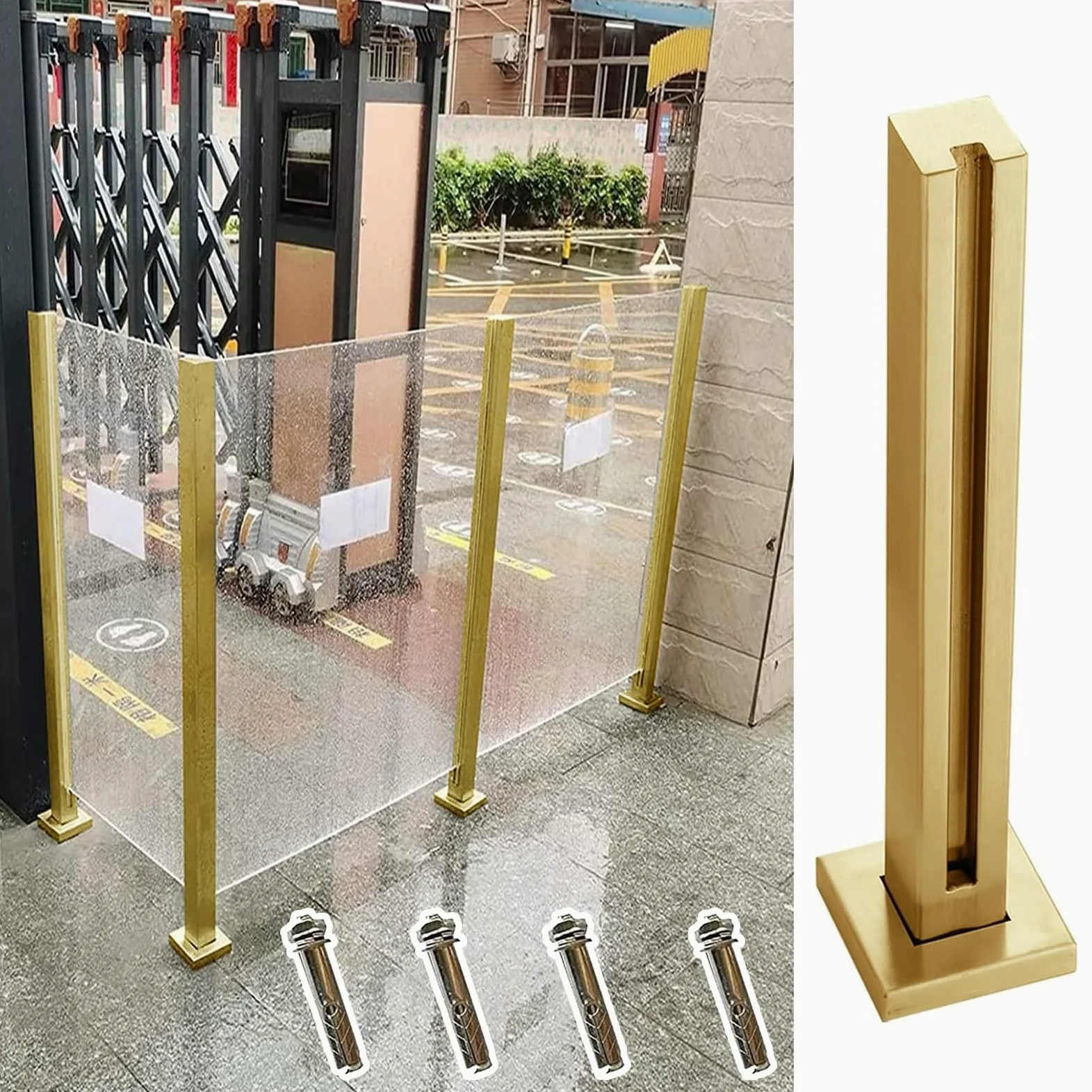 Złoty zestaw słupków do balustrady szklanej na zewnątrz, trwałe materiały do betonu i drewna, kompletne akcesoria do balustrad ganku dla stylowego bezpieczeństwa i wsparcia