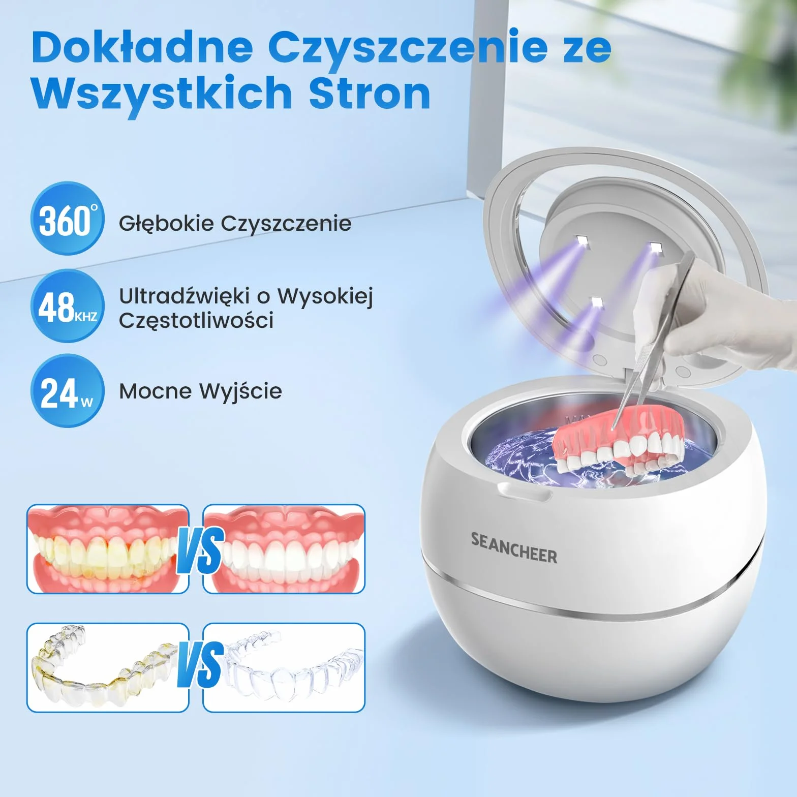 SEANCHEER Urządzenie Do Czyszczenia Ultradźwiękowego | 48000Hz | 24W | 180ML | Czyścik Ultradźwiękowy z lampą UV Do | Protez | Retainerów | Alignerów | Szyn Zębowych | Biżuterii | (Biały)