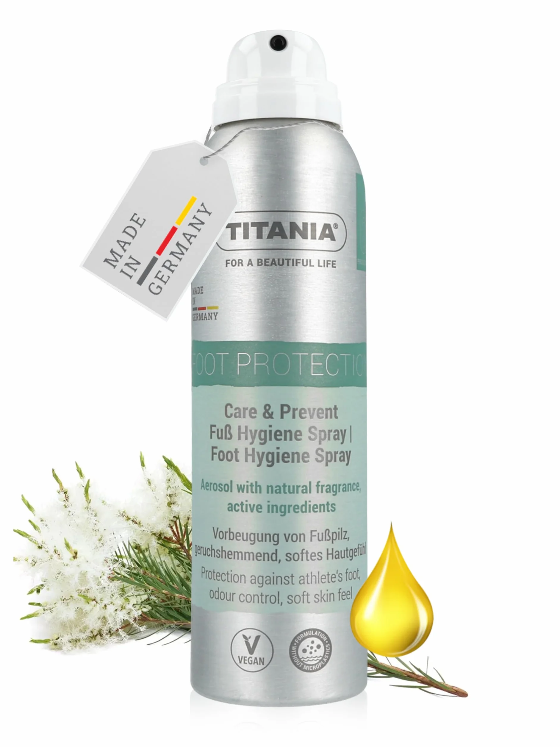 TITANIA Spray do stóp 150 ml - Ochrona i chłodzenie dla sportowców, pielęgnacja wilgoci, wegańskie, bez mikroplastików, olejków eterycznych