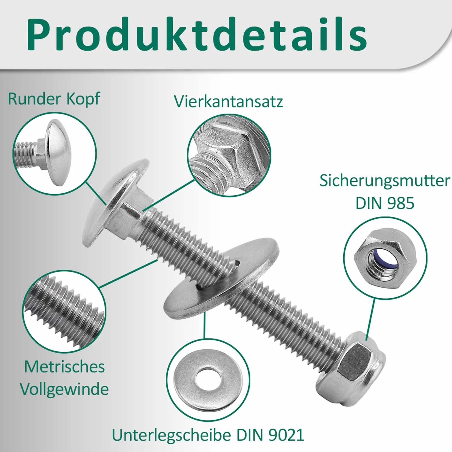 DSM – śruby zamkowe M8 x 45 mm zgodnie z DIN 603 – nakrętka zabezpieczająca M8 DIN 985 i podkładka DIN 9021 – stal nierdzewna A2/V2A – śruby z łbem płaskim z nasadką czworokątną – nakrętki stoperowe