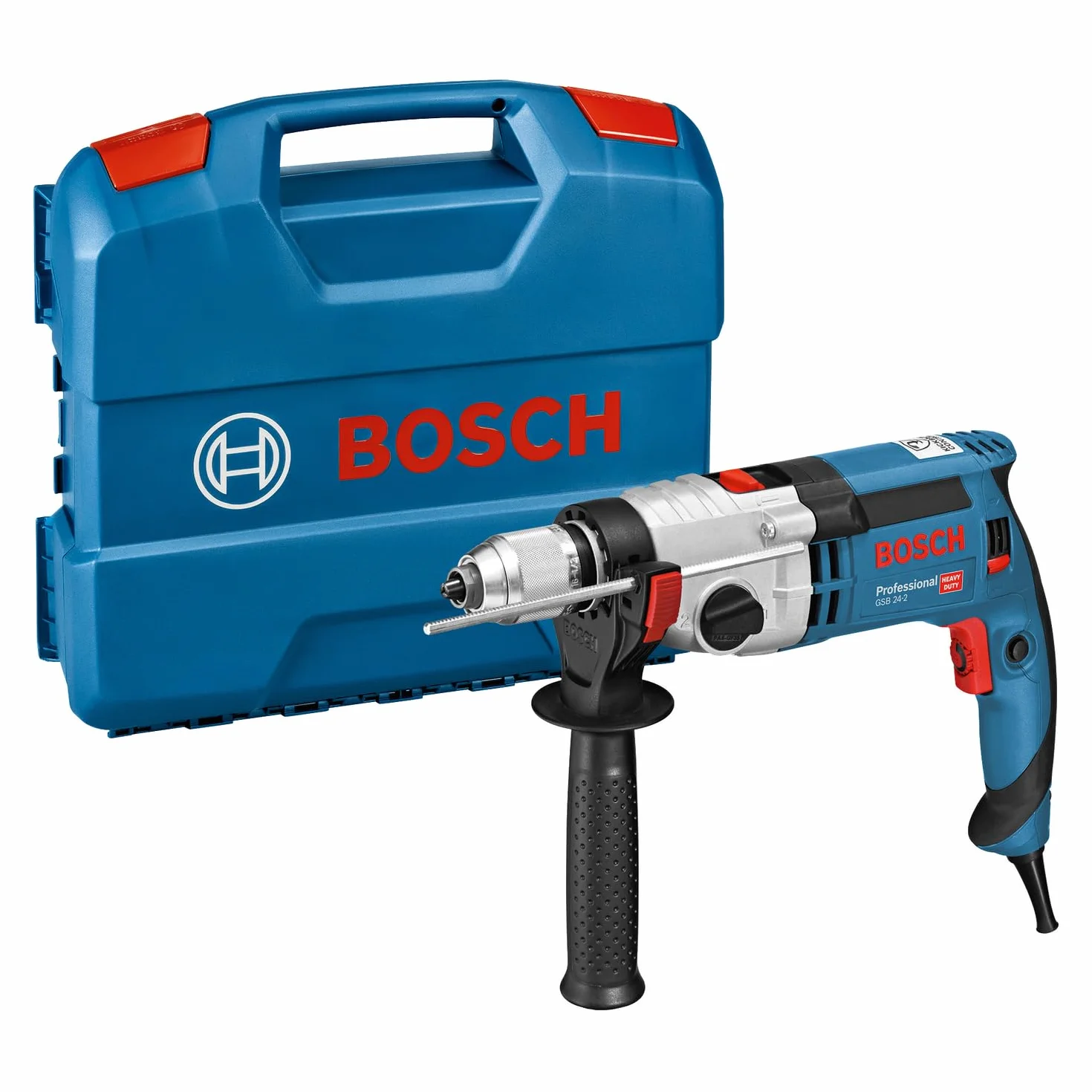 Bosch Professional: wiertarka udarowa GSB 24-2 moc 1100 W, maks. moment obrotowy: 40/14,5 Nm, szybkozaciskowy uchwyt wiertarski, rękojeść dodatkowa, ogranicznik głębokości, walizka L-Case