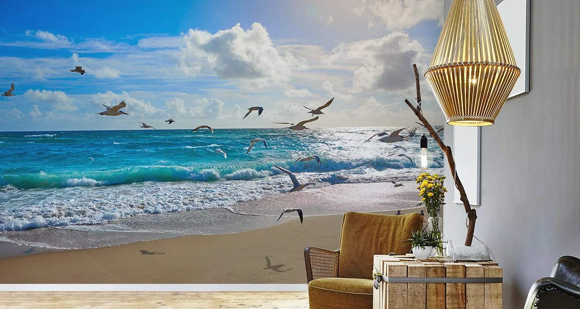 Muralo Fototapeta plażowa, 150 x 225 cm, tapeta ścienna z włókniny, morze, mewy, niebo, do salonu, sypialni, nowoczesne obrazy ścienne XXL, natura, panorama, woda, dekoracja ścienna