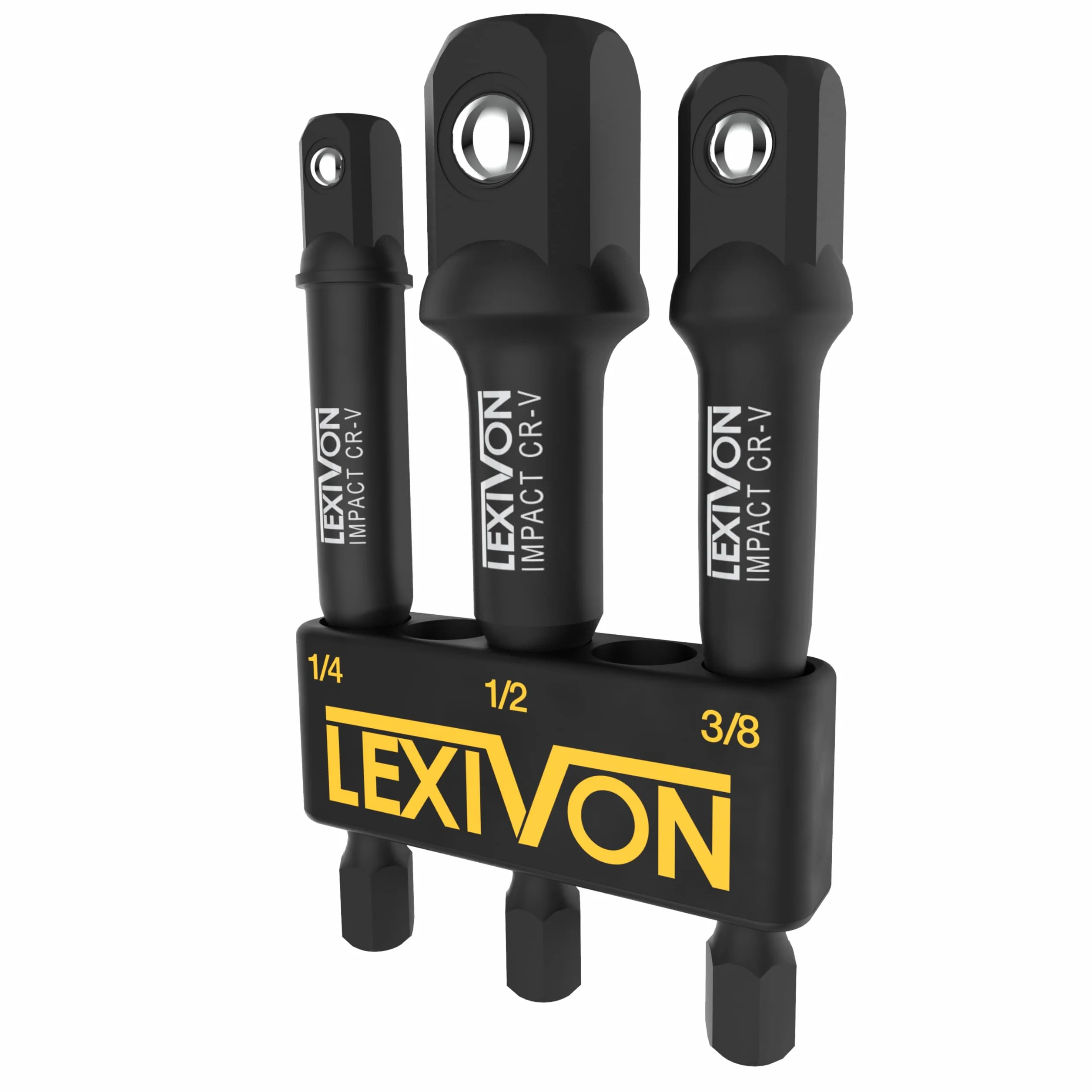 LEXIVON LX-105 3-częściowy zestaw adapterów nasadowych klasy udarowej – końcówka przedłużająca 3″ i 1/4″ z uchwytem, napęd 3/8″, 1/2″ i 101″, dostosuj wiertarkę do klucza o wysokim momencie obrotowym
