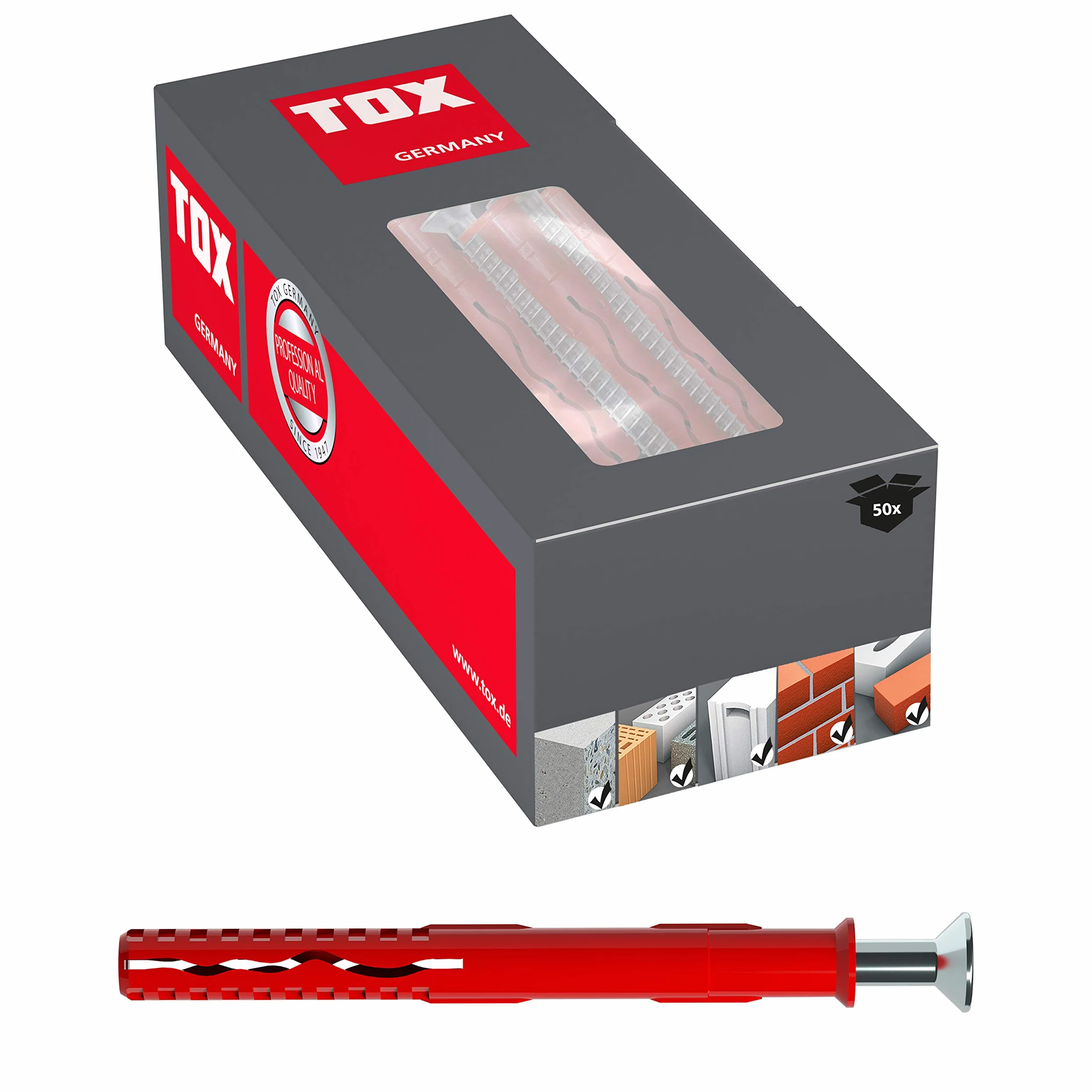 TOX Kołki do ramy fasad SK 10 x 140 mm + śruba, kołki do bezpiecznego mocowania fasad, drzwi i okien w prawie wszystkich materiałach budowlanych, montaż przelotowy, 50 sztuk w kartonie, 062101431