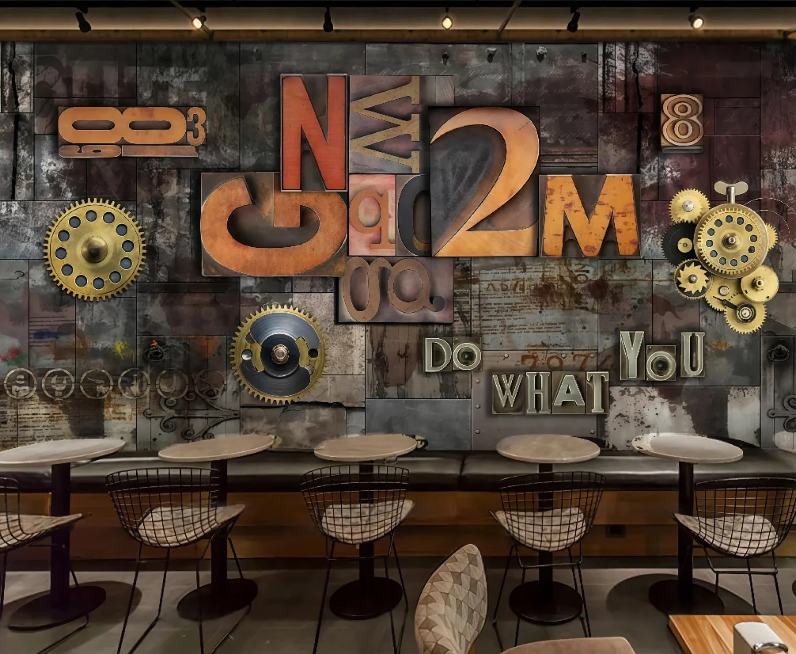 Tapeta retro żelazo mechaniczna przekładnia trójwymiarowa litera motyw bar zachodnia restauracja tło ścienne popołudniowa herbata kawa tapeta, 3D, 250x175cm