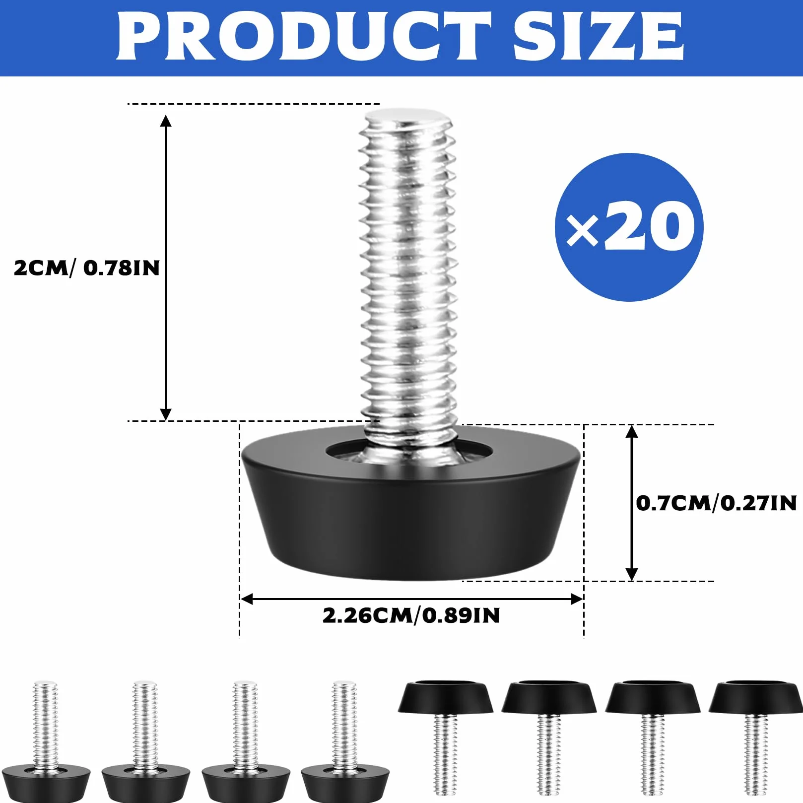40 szt. Regulowane nóżki do mebli, śruby z gwintowaniem M6, nóżki stołowe o regulowanej wysokości M6x20 mm, nóżki do biurka, szafki, stołu, krzesła, łóżka, ochraniacze podłogowe