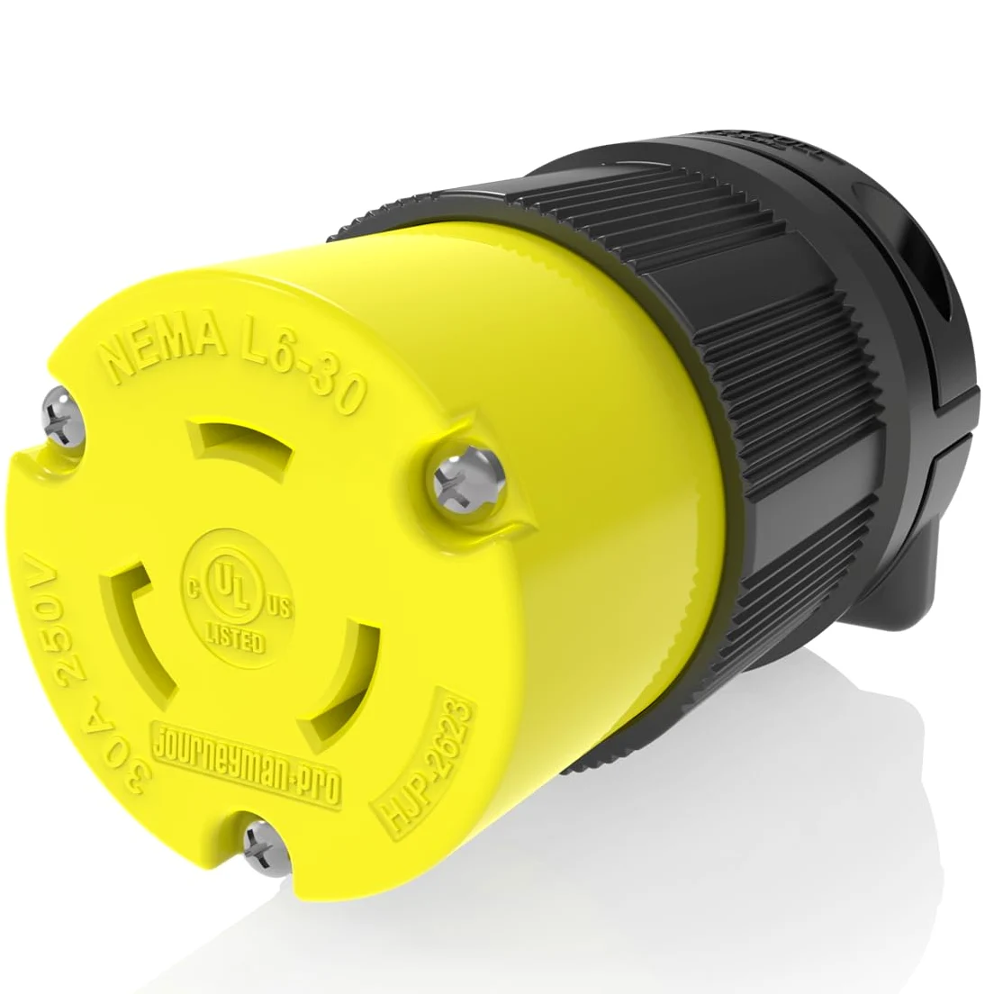 Journeyman-Pro NEMA L6-30R 30 Amp, 250 Volt, 2P, 3W, HJP-2623 Connettore femmina di bloccaggio, nero giallo grado industriale, messa a terra 7500 Watt generatore (L6-30R femmina)