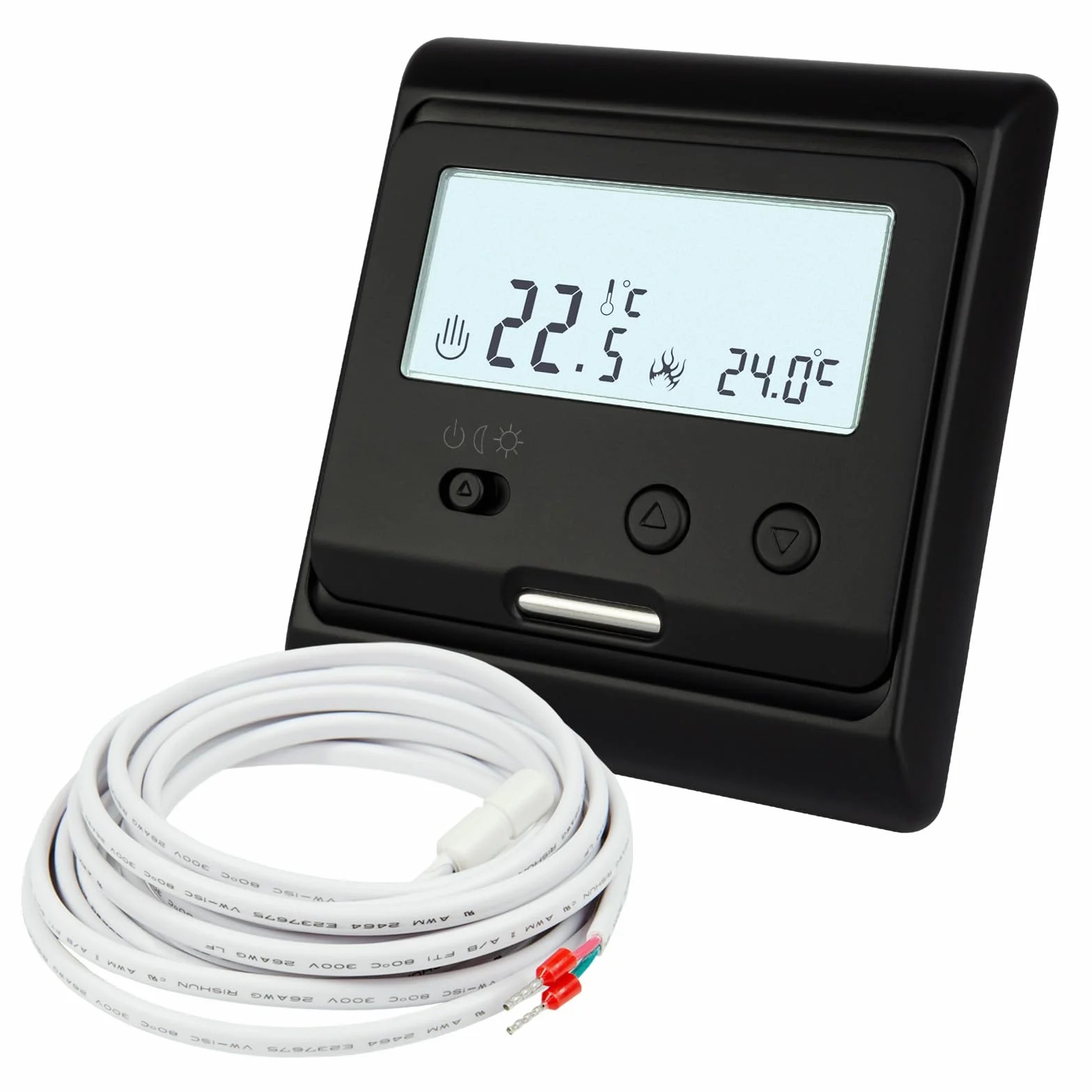 Termostat 12 V AC/DC, podtynkowy, czarny, INT. i EXT. czujnik, optymalny do elektrycznego ogrzewania podłogowego w przyczepie kempingowej/kamperze
