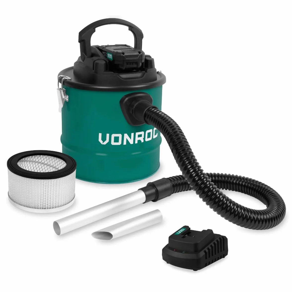 VONROC Bezprzewodowy odkurzacz do popiołu 20V 12L, filtr HEPA, funkcja wydmuchu, z akumulatorem 2.0Ah i ładowarką, do kominka grilla pieca, bezworkowy