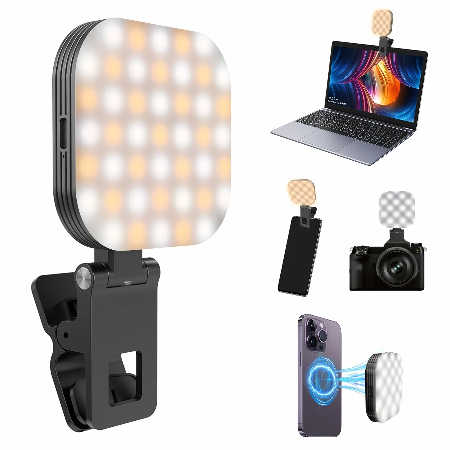 Magnetyczne światło do selfie, 3 tryby świecenia, lampa konferencyjna do iPhone'a, laptopa, aparatu, spotkań, kamery internetowej, transmisji na żywo z klipsem do powiększania, fotografii