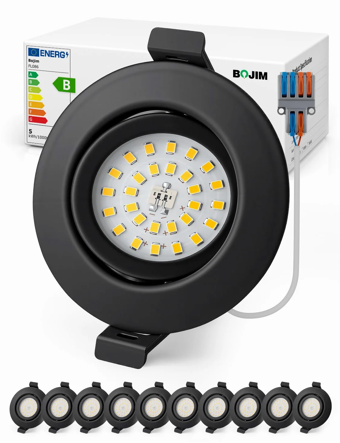 BOJIM Reflektor LED wpuszczany czarny, IP44, 4,7 W klasa energetyczna B, reflektory sufitowe 230 V otwór 68 mm - 80 mm, naturalna biel 4000 K, do łazienki, kuchni, salonu, sypialni, zestaw 10 sztuk