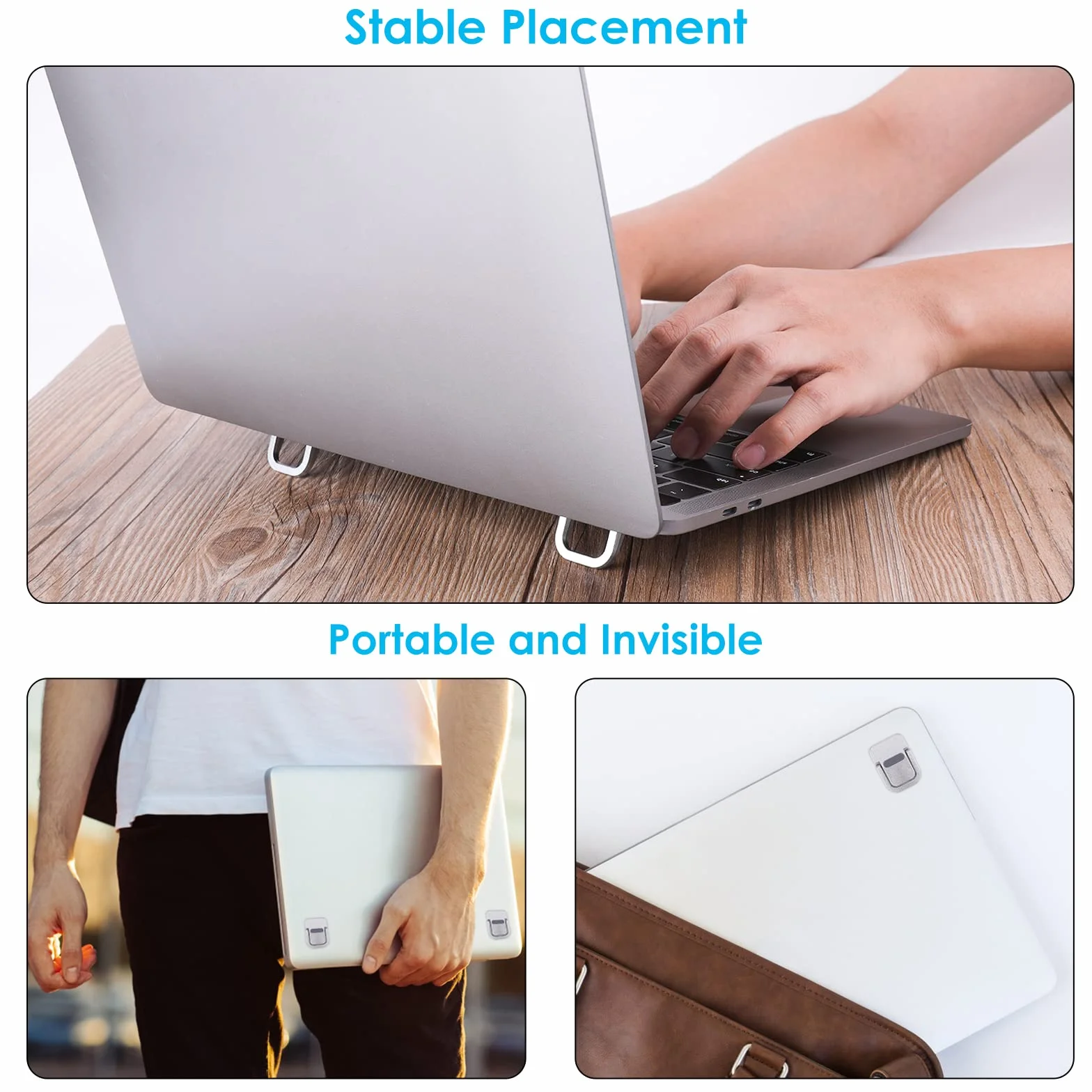 Bewudy Przenośny stojak na klawiaturę, samoprzylepny mini stojak na laptopa, niewidoczny stojak na klawiaturę komputerową, składane nóżki do laptopa z antypoślizgowym silikonem (srebrny)