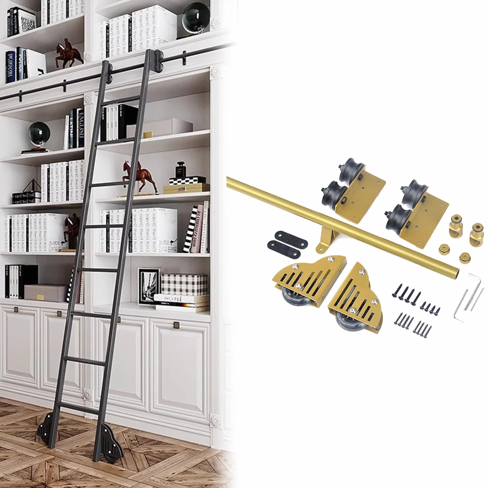 Zestaw montażowy do drabiny z regulowanym systemem szyn przesuwnych (488 cm/16 stóp) uniwersalne zastosowanie w różnych rozmiarach dla płynnego ruchu i łatwego montażu