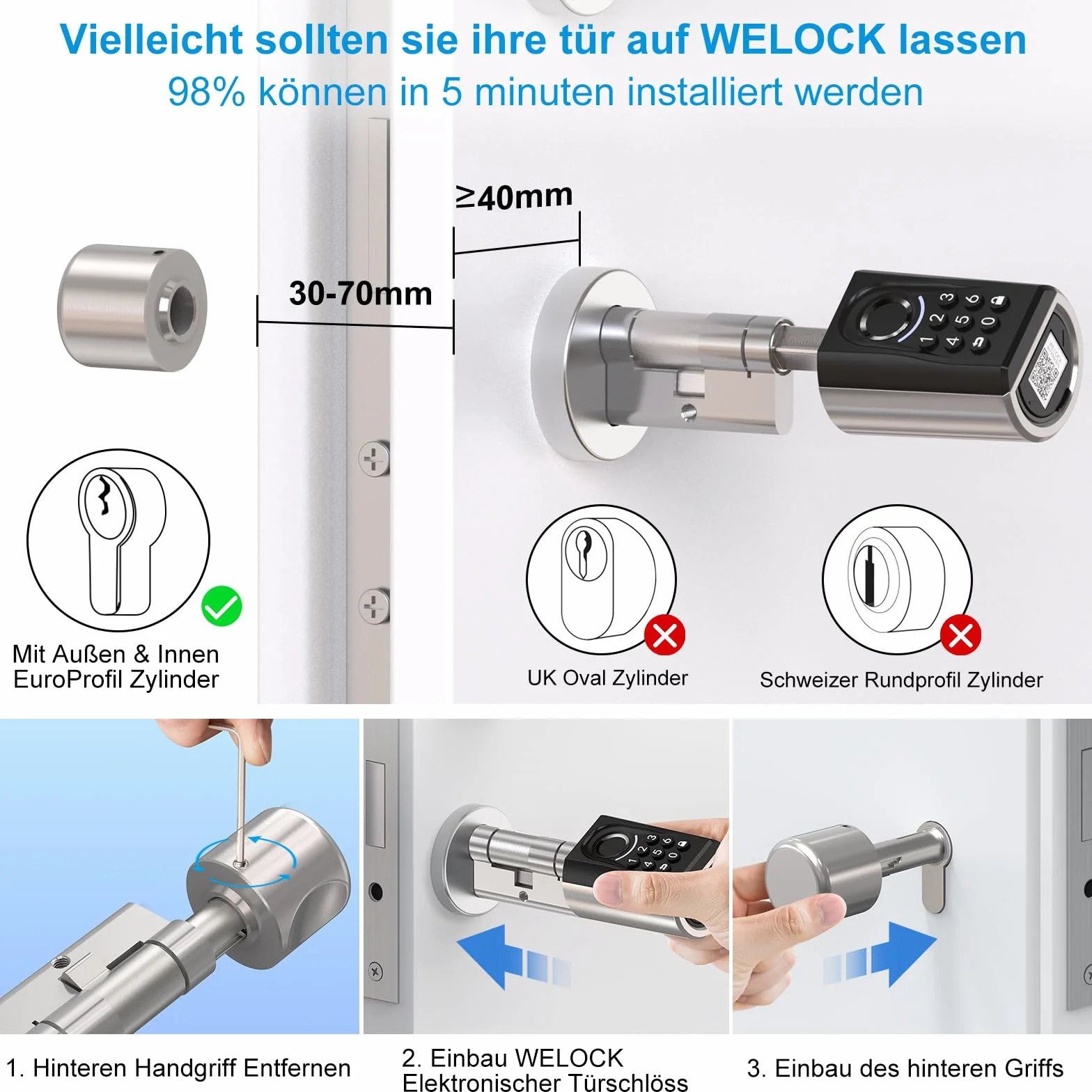 WELOCK ToucA51 Elektroniczny Zamek do Drzwi, Odcisk Palca, Kod, RFID, Aplikacja, 30-70 mm