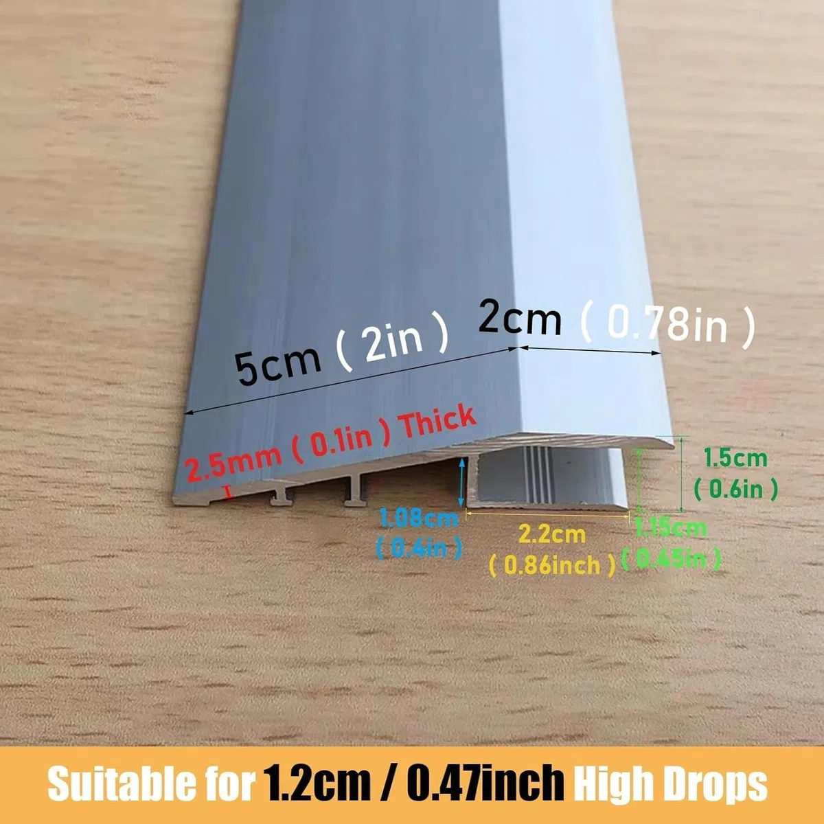 Aluminiowa listwa przypodłogowa 1,19 cm wysoki próg szwu pokrywa do przycinania dywan obrzeża pasek niestandardowy rozmiar (srebrny 200 cm/78,7"/2 m) do rozwiązań podłogowych