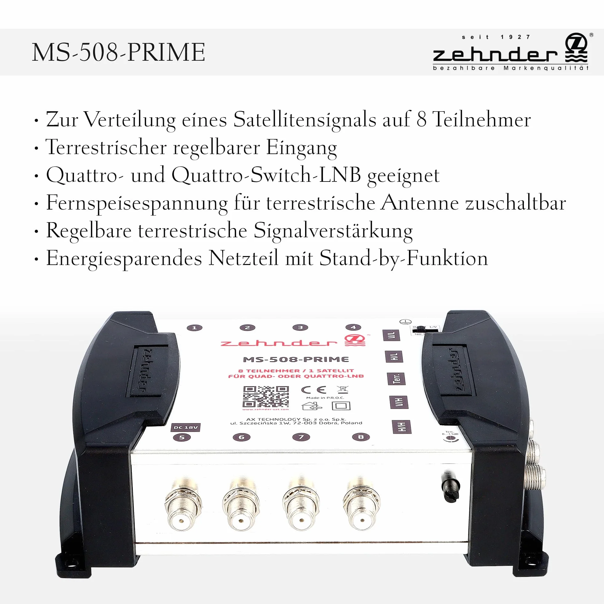 [ Test bardzo dobry] ZEHNDER 5/8 Multiprzełącznik do Quattro i Quad LNB, multiswitch dla 1 satelity i 8 odbiorników (TV, odbiornik satelitarny), rozdzielacz cyfrowej matrycy HD 4K, antena lustrzana