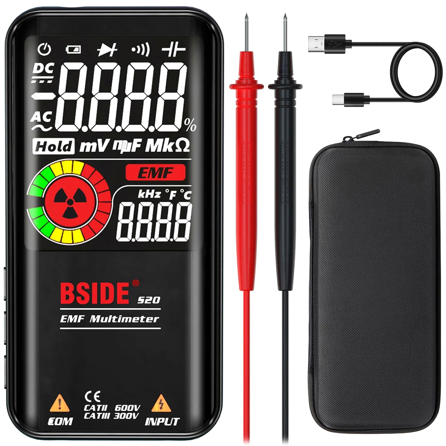 BSIDE Akumulator cyfrowy multimetr kolorowy wyświetlacz LCD z 3 wynikami 9999 zliczeń automatyczny wykrywacz EMF pojemność tester napięcia z etui ochronnym