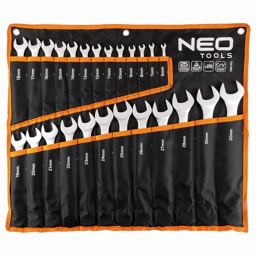 NEO TOOLS 25-częściowy zestaw kluczy płasko-oczkowych 6-32 mm ze stali CrV – zestaw kluczy płasko-oczkowych w praktycznej torbie rolowanej, profesjonalny zestaw narzędzi do warsztatu i garażu, matowy