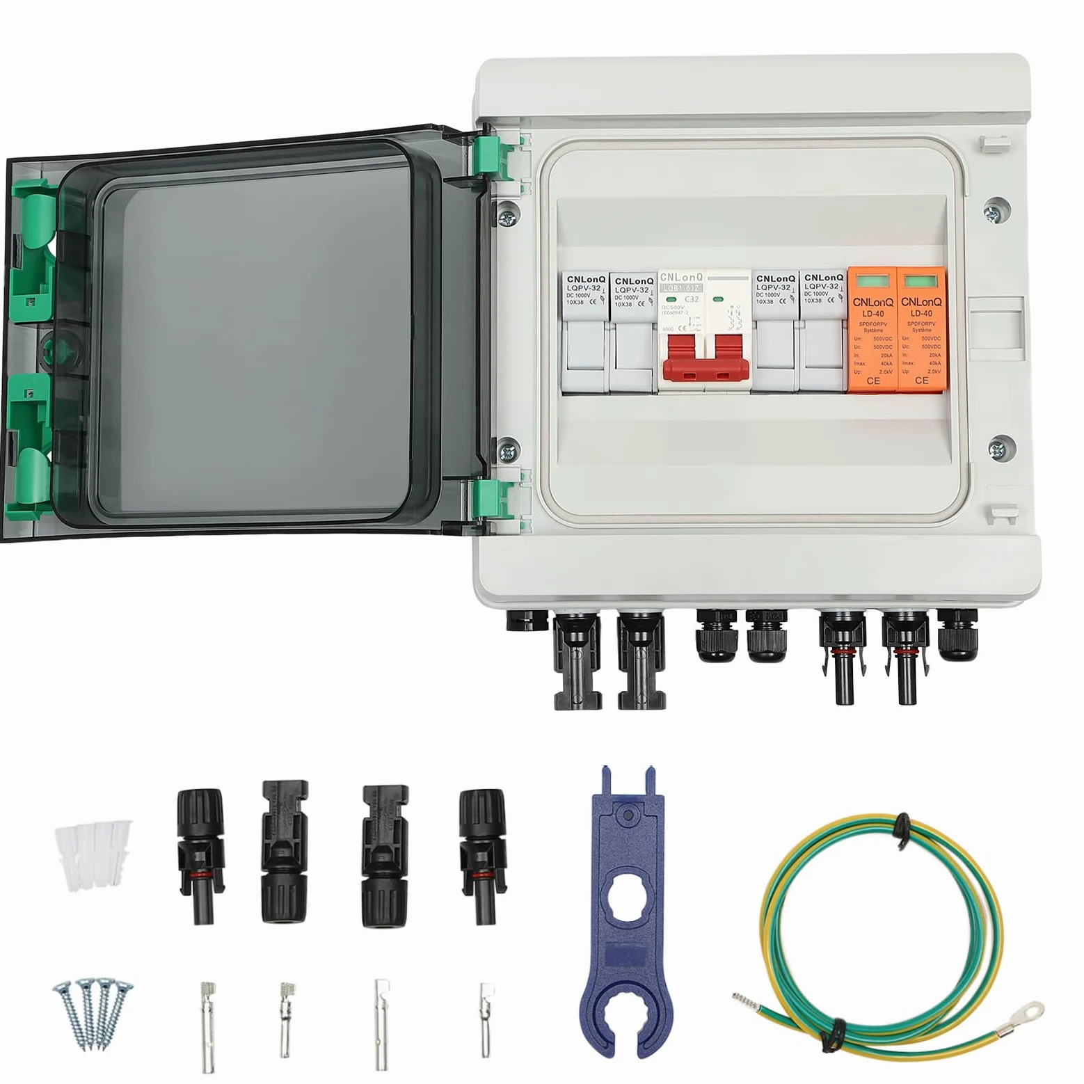 Zabezpieczenie przeciwprzepięciowe PV 500 V, 32 A, skrzynka przyłączeniowa solarna, klasa wodoszczelności IP65, 2 w 1, do instalacji fotowoltaicznych, do instalacji fotowoltaicznych, RV i falowników