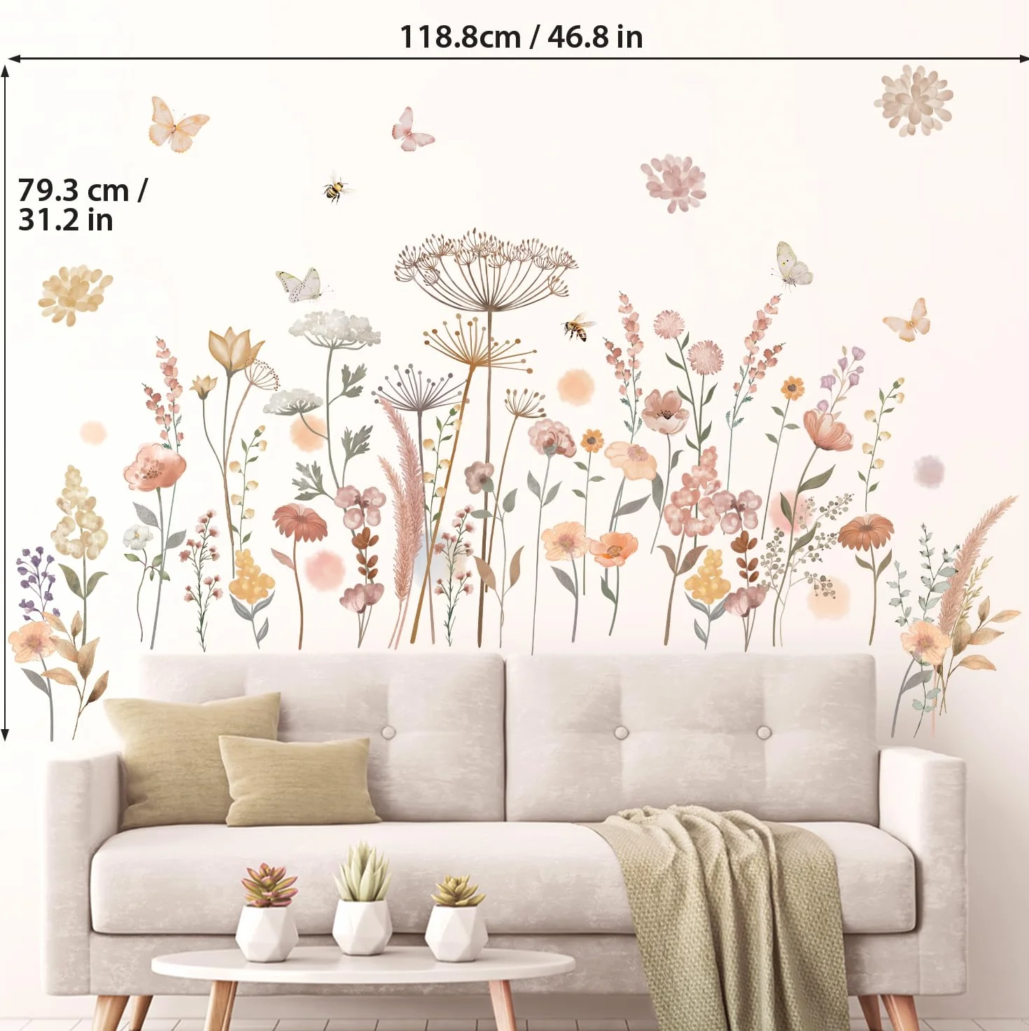 DECOWALL SG2-2421 Naklejki ścienne z Boho Kwiaty w akwareli Polne kwiaty Trawa Sypialnia Home Decor Art Kolorowe różowe rośliny Zdejmowane skórki i sztyfty Dom przedszkola DIY Liście Ogród