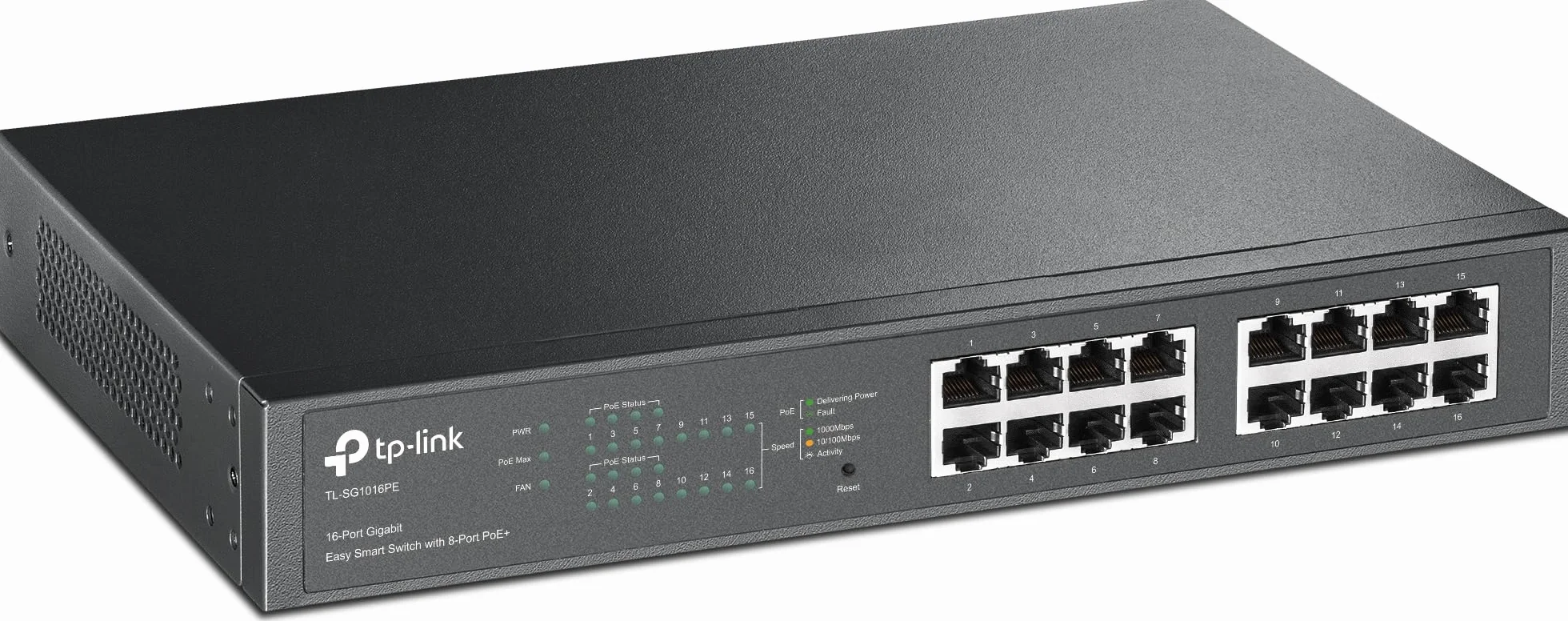 TP-Link TL-SG1016PE 16-portowy przełącznik Gigabit PoE+ 110W rack VLAN QoS