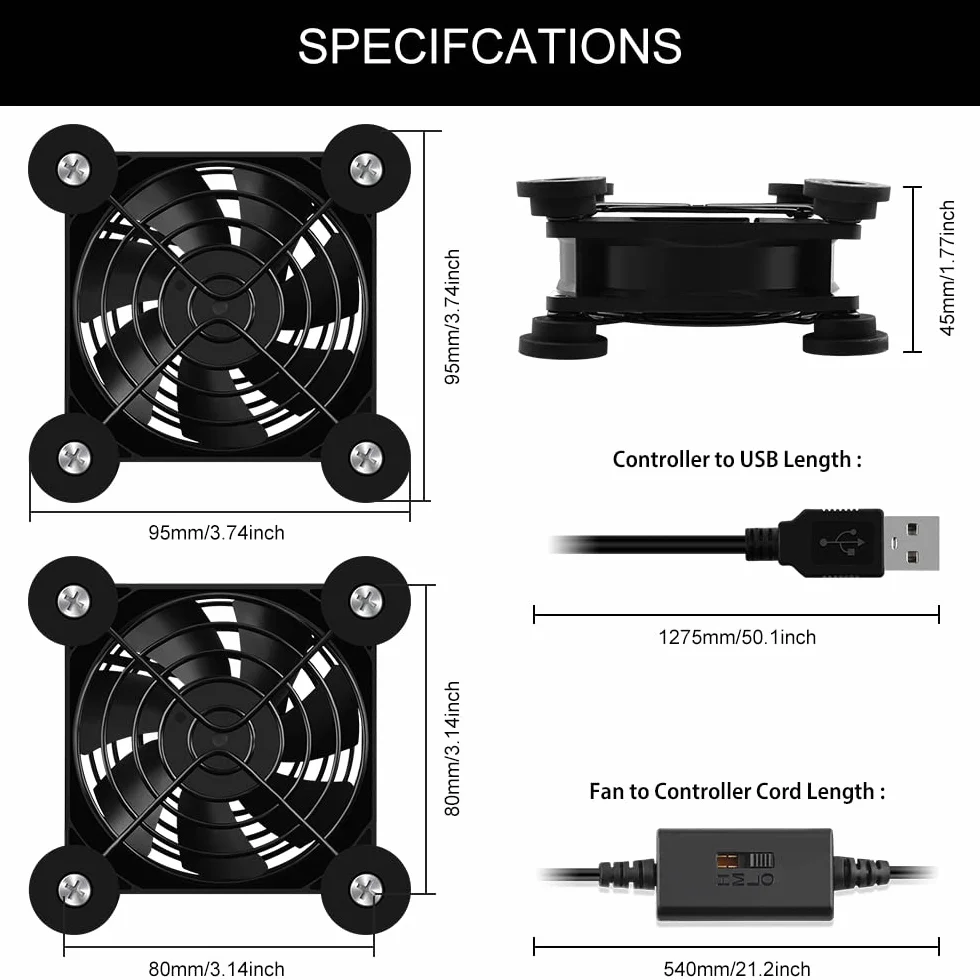 Mini wentylator USB 80 mm, sterowanie wieloma prędkościami, redukcja ciepła do routera, konsoli do gier, telewizora, odbiorcy, modemu, DVR, kabiny AV, 2 szt