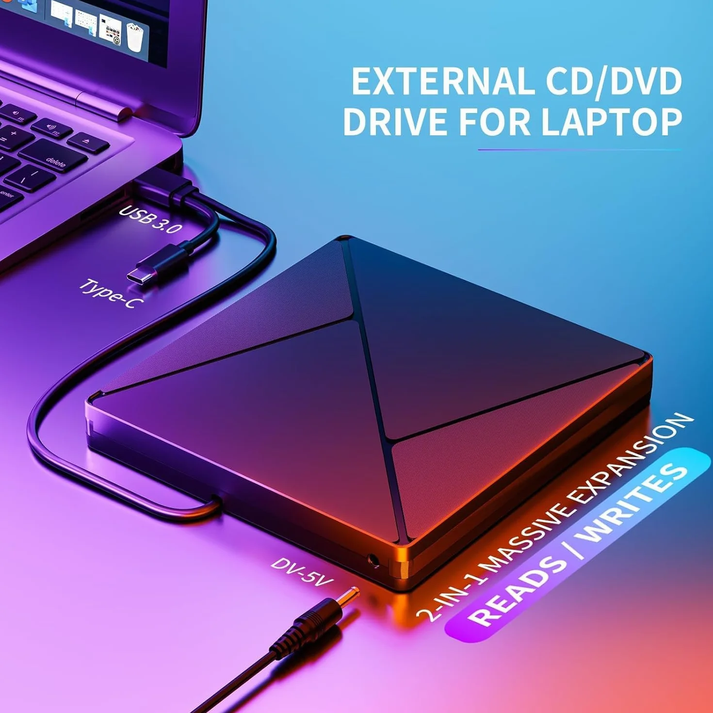 Zewnętrzny napęd CD DVD, USB 3.0 i Type-C przenośny napęd CD DVD +/-RW, nagrywarka/czytnik DVD/CD ROM, smukły optyczny napęd DVD, odtwarzacz CD/DVD do laptopa, komputera stacjonarnego, MacBook, macOS