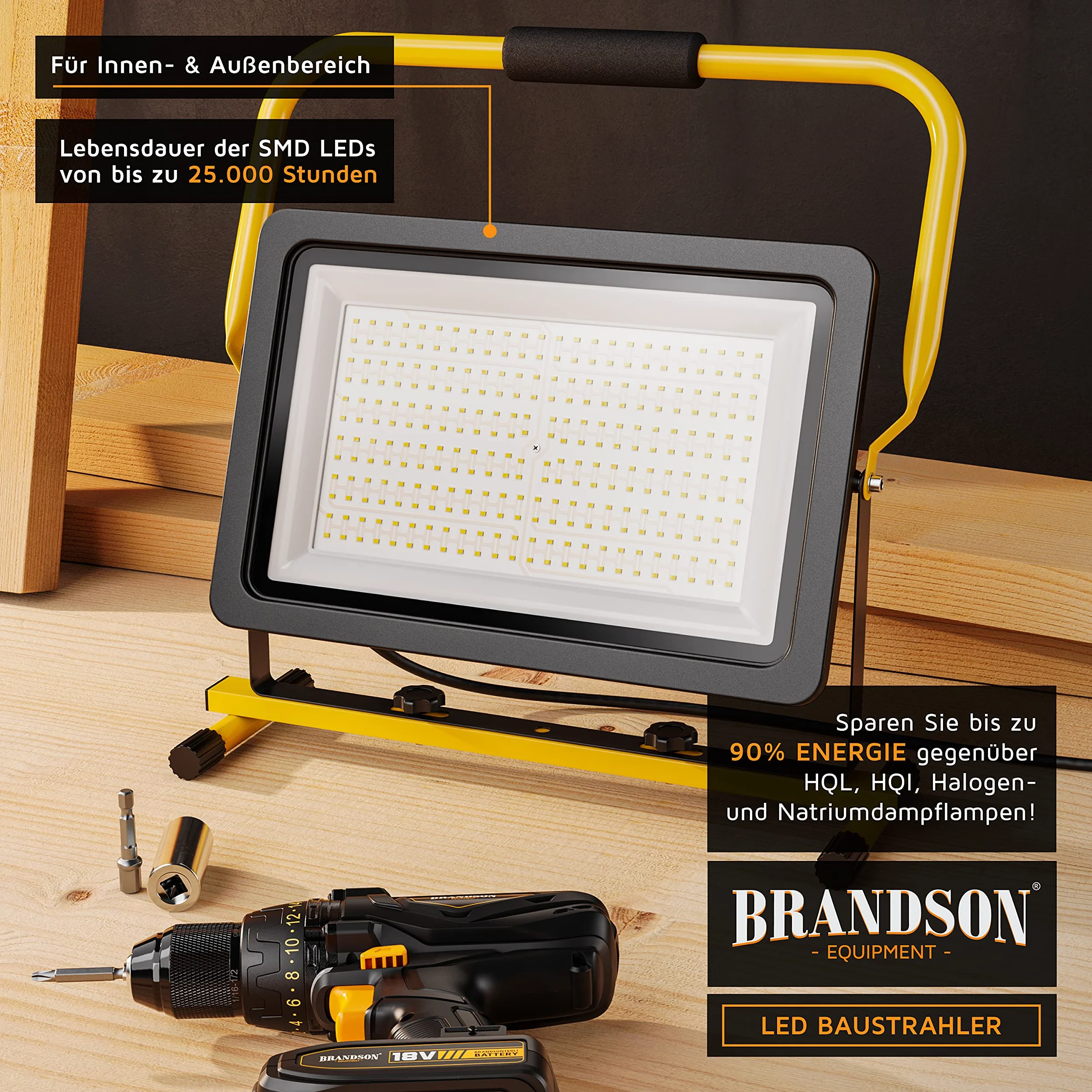 Brandson - Reflektor Budowlany LED 200 W - Reflektor Roboczy - 288 SMD LED - 6400 K - Stelaż i Uchwyt do Noszenia - 16000 Lumenów - Kabel Zasilający 4 m - Obudowa Metalowa - IP65