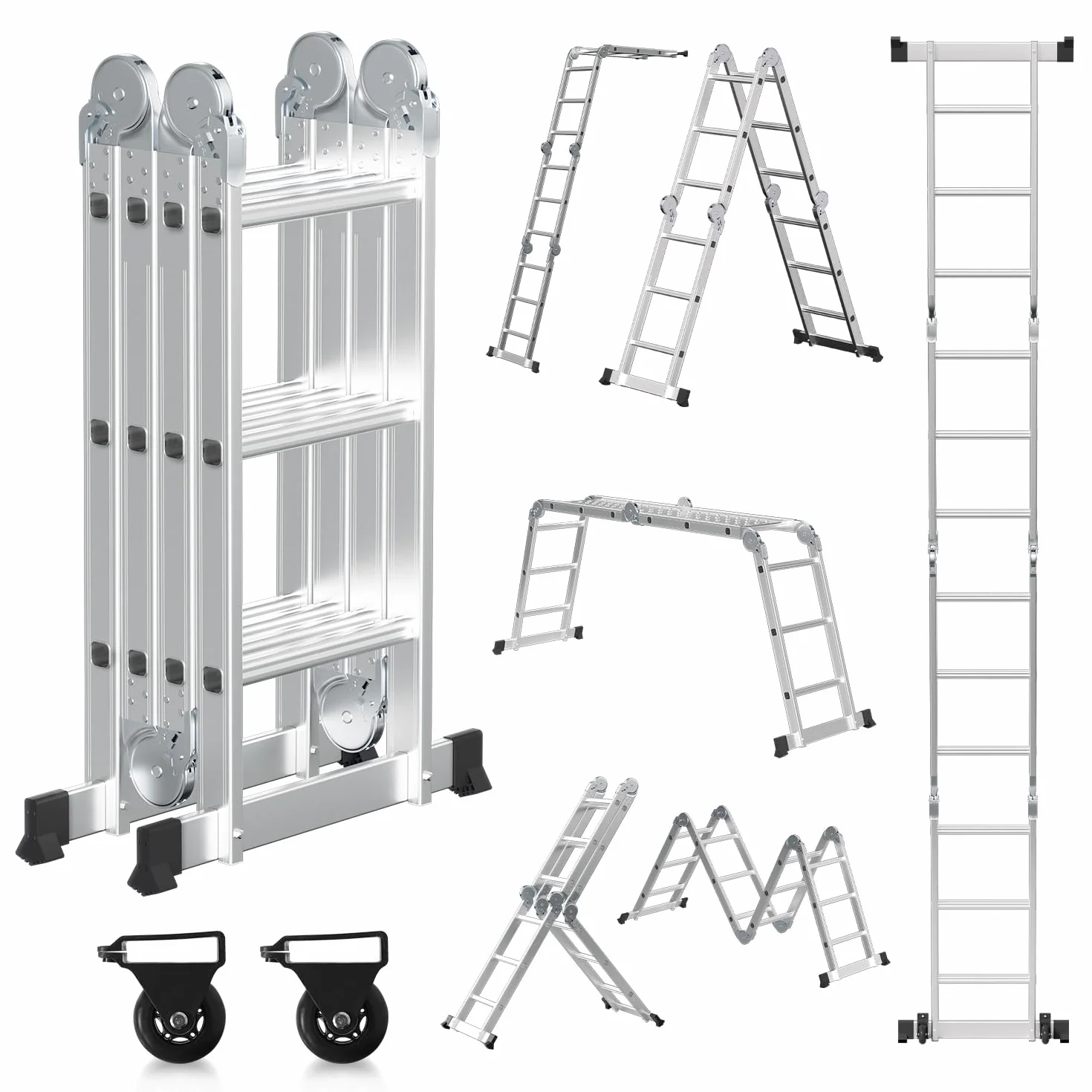 Wielofunkcyjna drabina 3,6 m, 4 x 3 m, składana drabina robocza z aluminium, 7 w 1, z 2 płytami rusztowania i 2 rolkami, do 150 kg