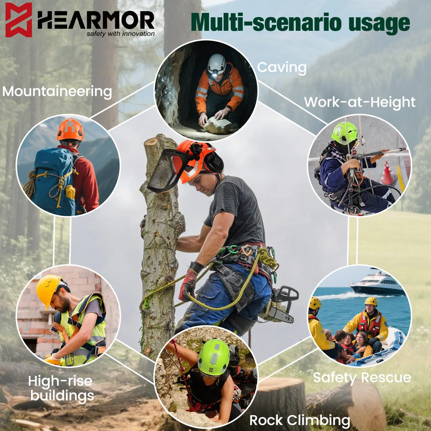 HEARMOR Mervex Forest Air kask ochronny ABS do wysokich miejsc pracy w obszarze leśnym, certyfikat EN12492, certyfikat EN397, amortyzacja uderzeń i odporność na penetrację, kask dla pracowników