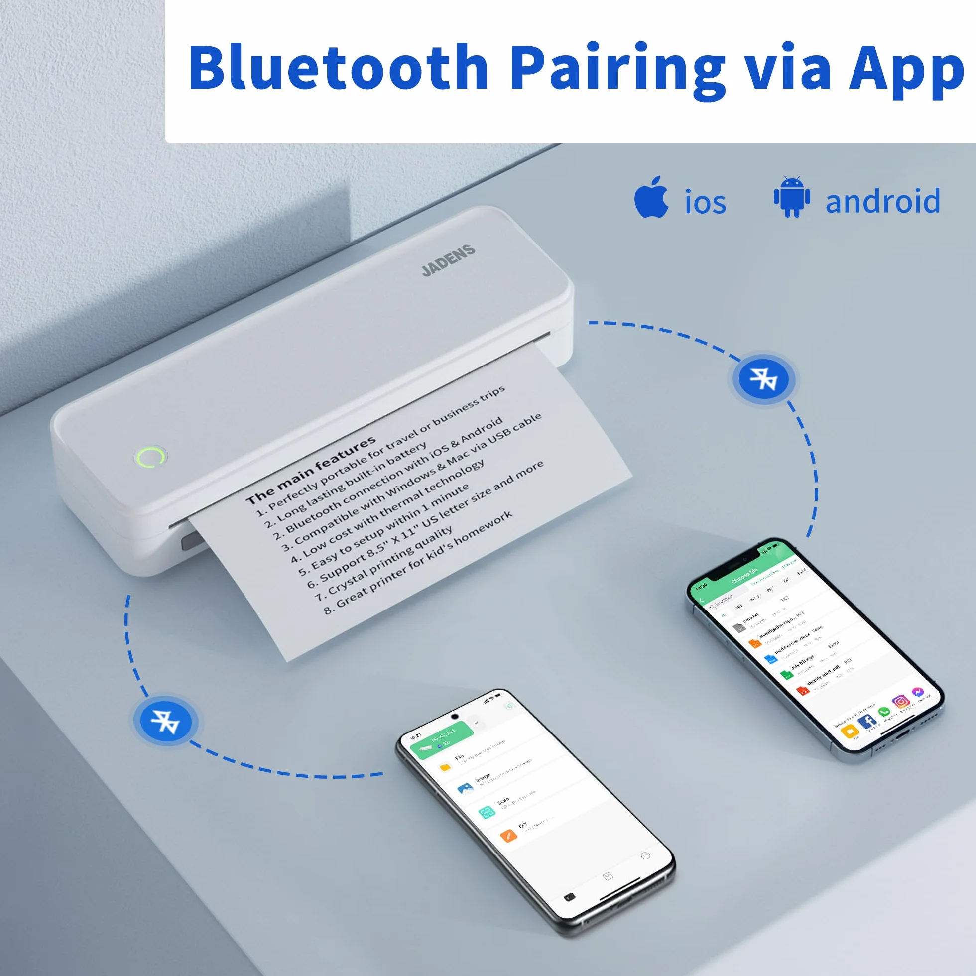 JADENS Przenośna drukarka, drukarka termiczna A4, Bluetooth, przenośna drukarka A4, bezprzewodowa drukarka podróżna bez tuszu, kompatybilna z systemem Android i iOS, w podróży i laptopie