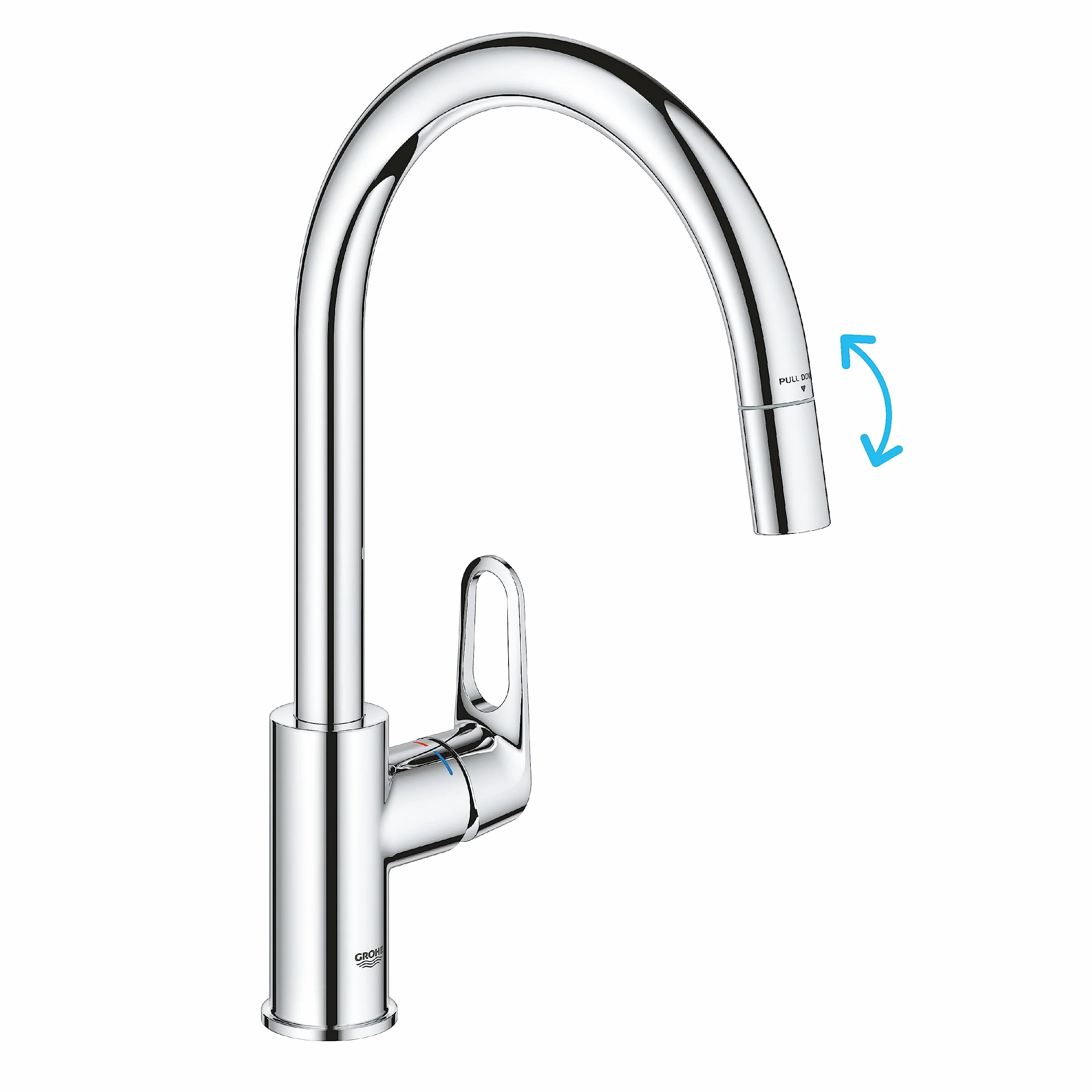 GROHE Start Flow 305690000 bateria kuchenna, wyciągana wysoka wylewka, kształt C, obracana o 360°, instalacja QuickFix, ekologiczny ogranicznik przepływu, chrom