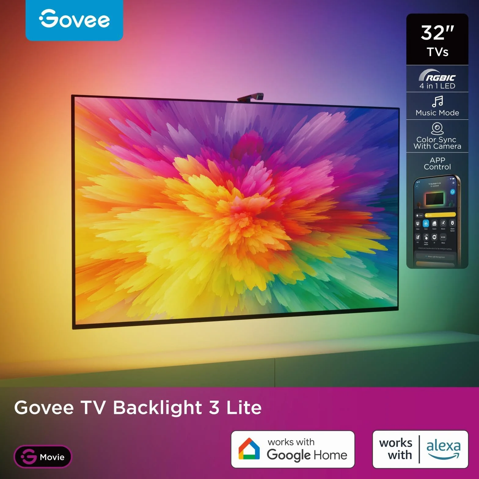 Govee Podświetlenie telewizora 3 Lite z funkcją korekcji rybie oko, synchronizacja z telewizorami 32-calowymi, 1,8 m, RGBWIC Wi-Fi, podświetlenie LED TV z kamerą, 4 kolory w 1 lampie, sterowanie