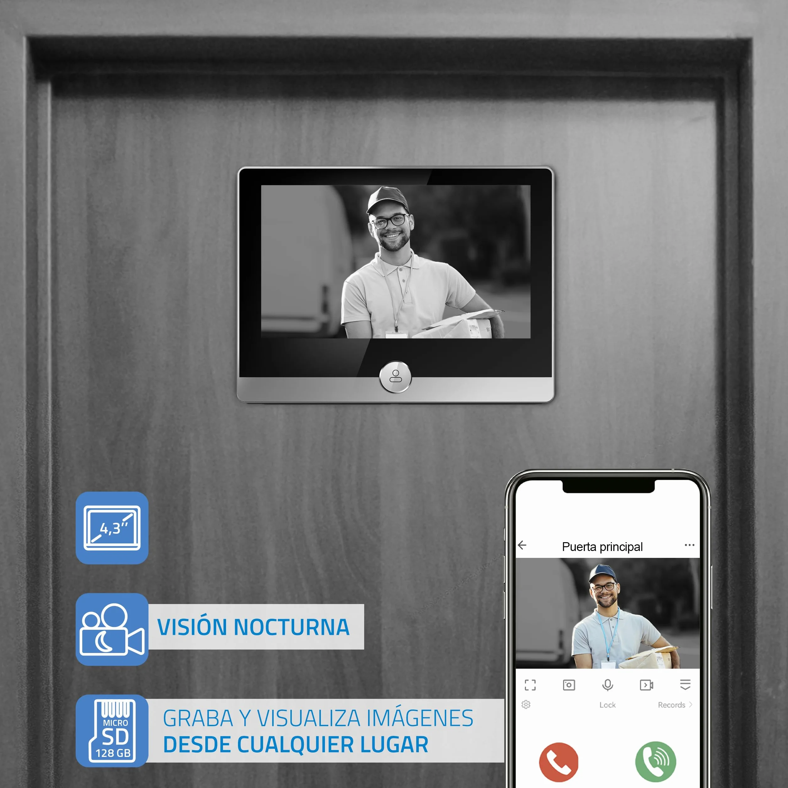 NIVIAN Wizjer cyfrowy WiFi - Kamera wideo Full HD z baterią i dzwonkiem, dwukierunkowym dźwiękiem, wykrywaniem PIR i noktowizorem | Sterowanie aplikacją i smartfonem