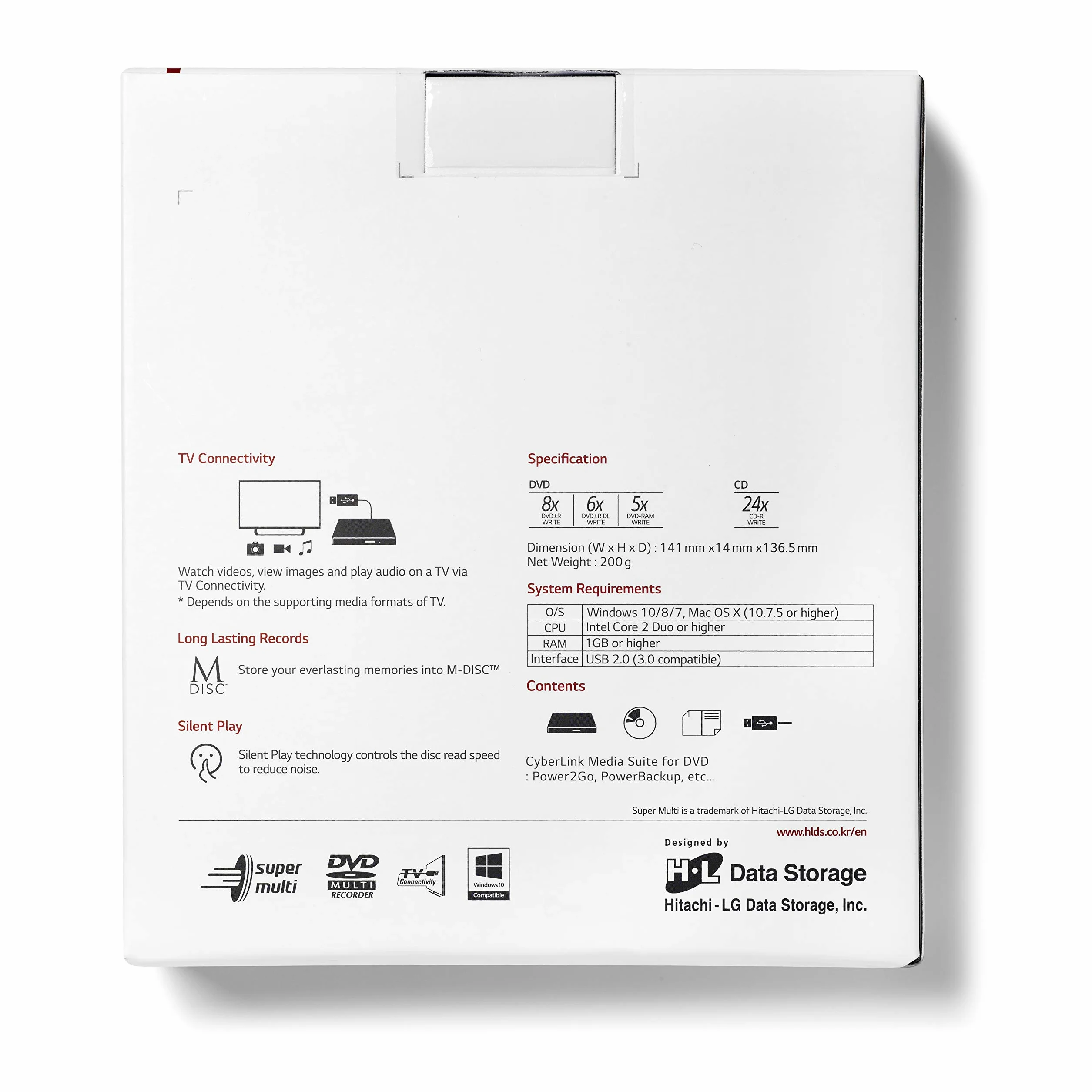 Hitachi-LG GP57 External DVD Drive, Slim Portable USB 2.0, 8x Speed, Silver