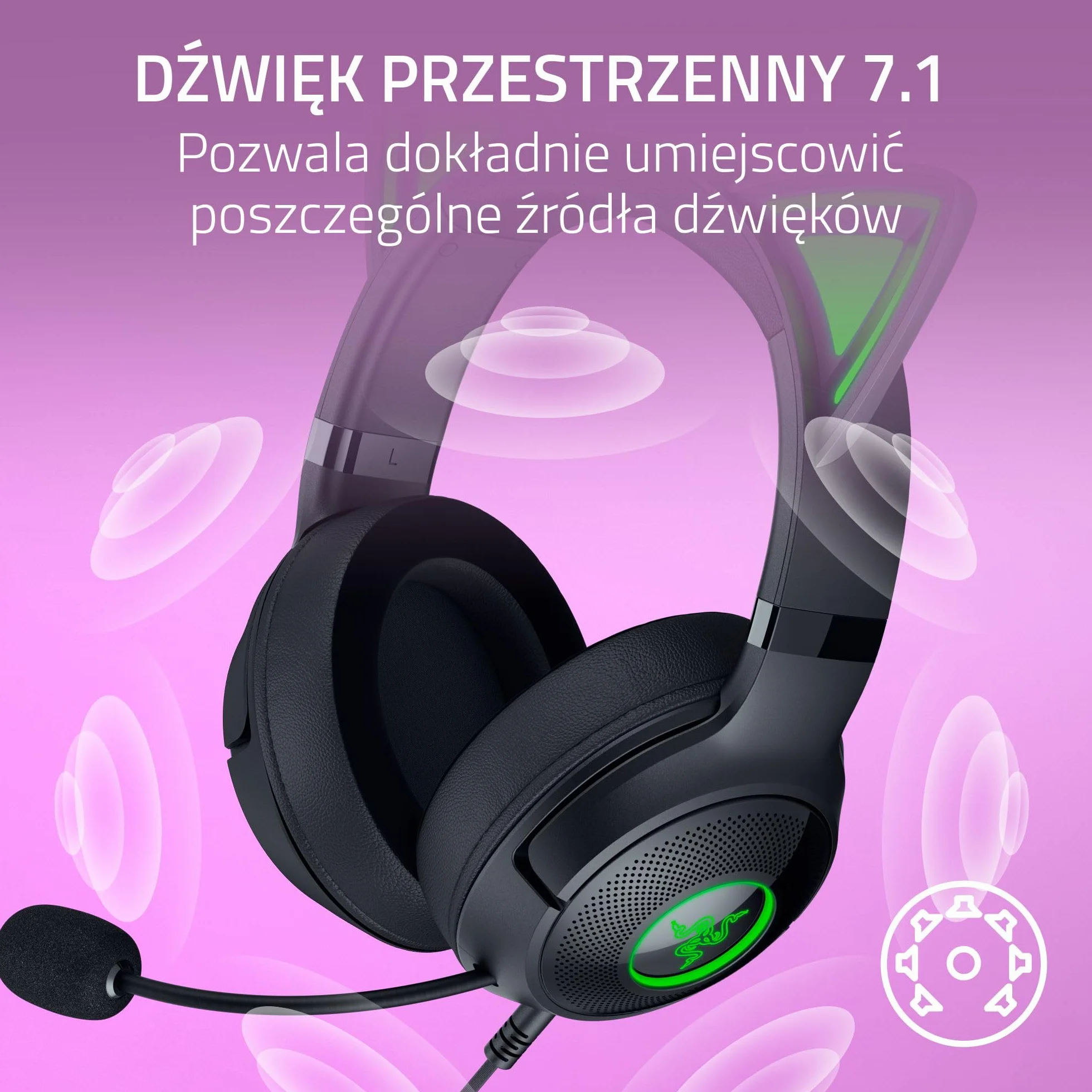 Razer Kraken Kitty V2 - Przewodowy zestaw słuchawkowy RGB z kocimi uszami (oświetlenie reaktywne Stream, HyperClear Micro Cardioid, Przetworniki Triforce 40mm, 7.1 dźwięk przestrzenny) Czarny