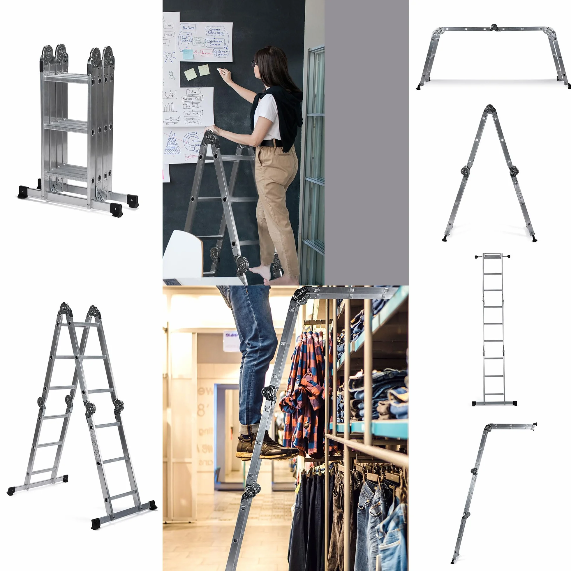 hjh OFFICE 12-stopniowa drabina wielofunkcyjna z 2 płytami rusztowania z litego aluminium W3 srebrna 345 cm Maksymalne obciążenie 150 kg 801202
