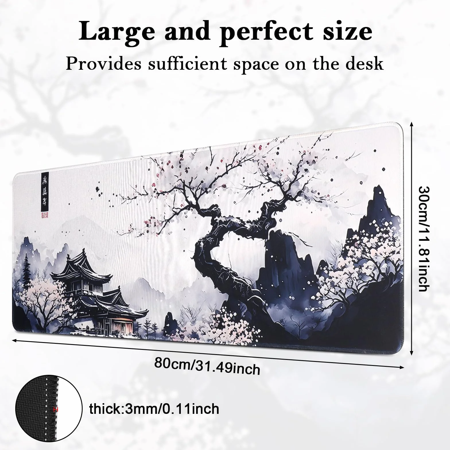 Podkładka pod mysz XL z kwiatami wiśni, 80 x 30 cm, z przyszytymi krawędziami, przedłużona, duża podkładka z antypoślizgową gumową podstawą, dla graczy (01, Plum Mouse Pad