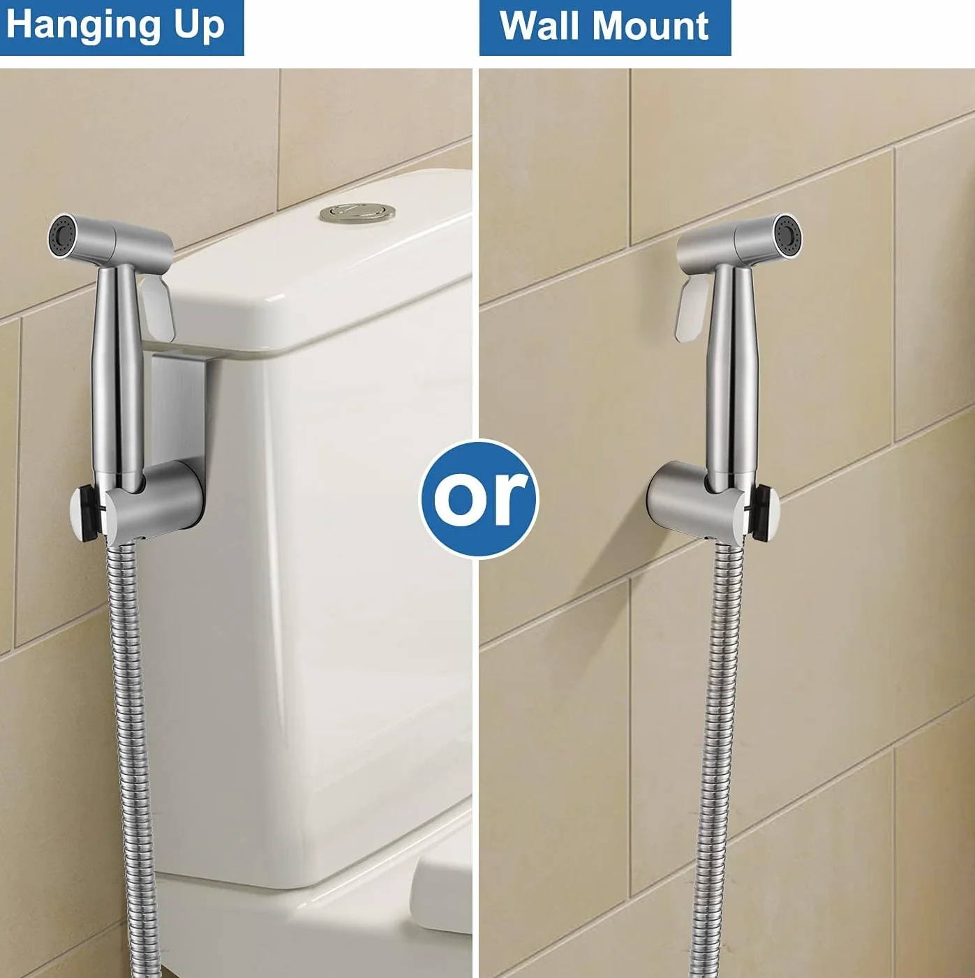 Natrysk Higieniczny (Bidet) ze Stali Nierdzewnej Szczotkowanej, Zestaw z Wężem i Zaworem G1/2” + G3/8” - do Toalety, Podmywania i Czyszczenia