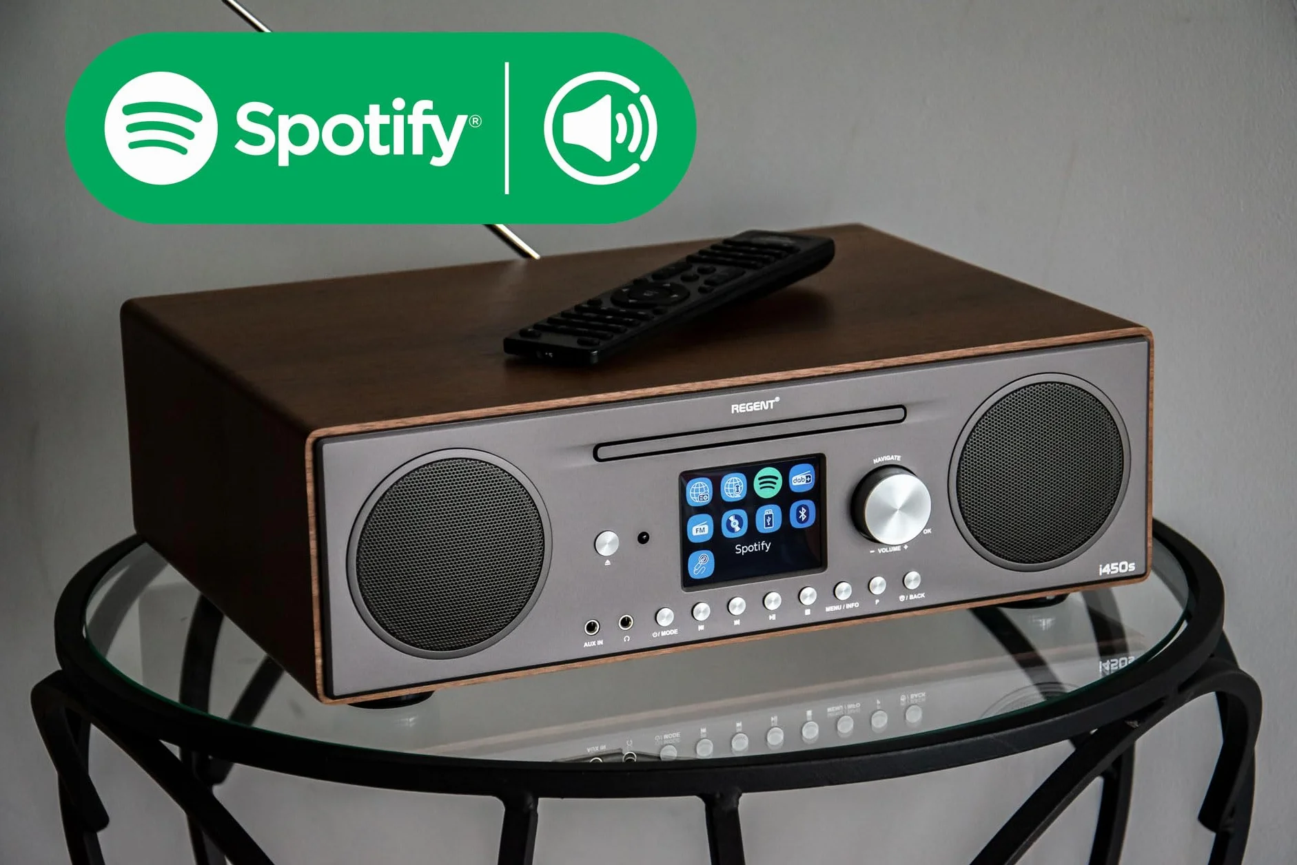 Głośnik REGENT i450s Spotify Connect DAB+ Radio internetowe Odtwarzacz CD Digital Home Stereo Hi-Fi Bluetooth FM 20, podwójny alarm i pilot Wejście AUX i USB (Ciemny Orzech)