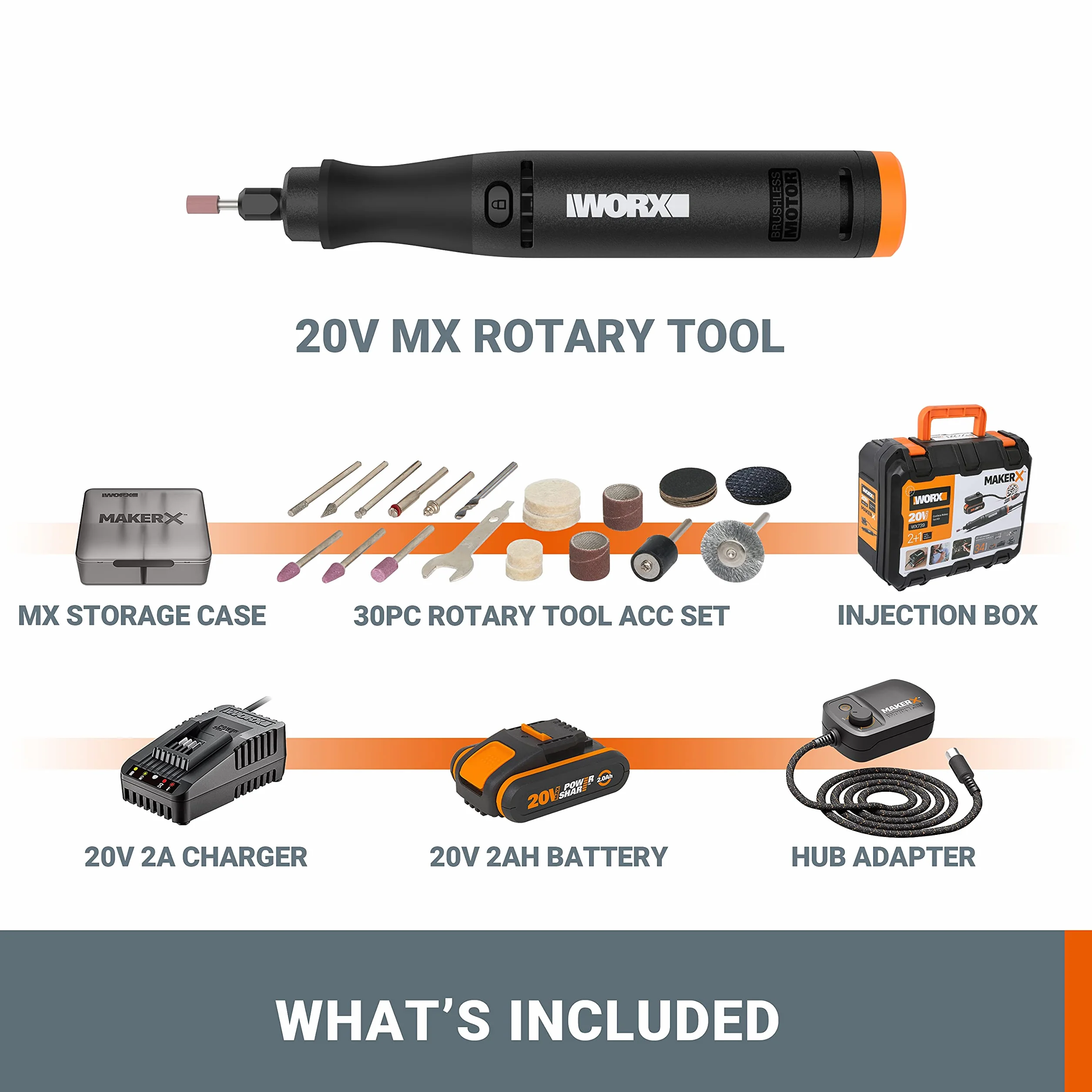 WORX MAKERX Bezprzewodowe Narzędzie obrotowe WX739 (w zestawie z: akumulator, ładowarka i koncentrator - zestaw 20 akcesoriów - prędkość 5000-35000 obr/min)