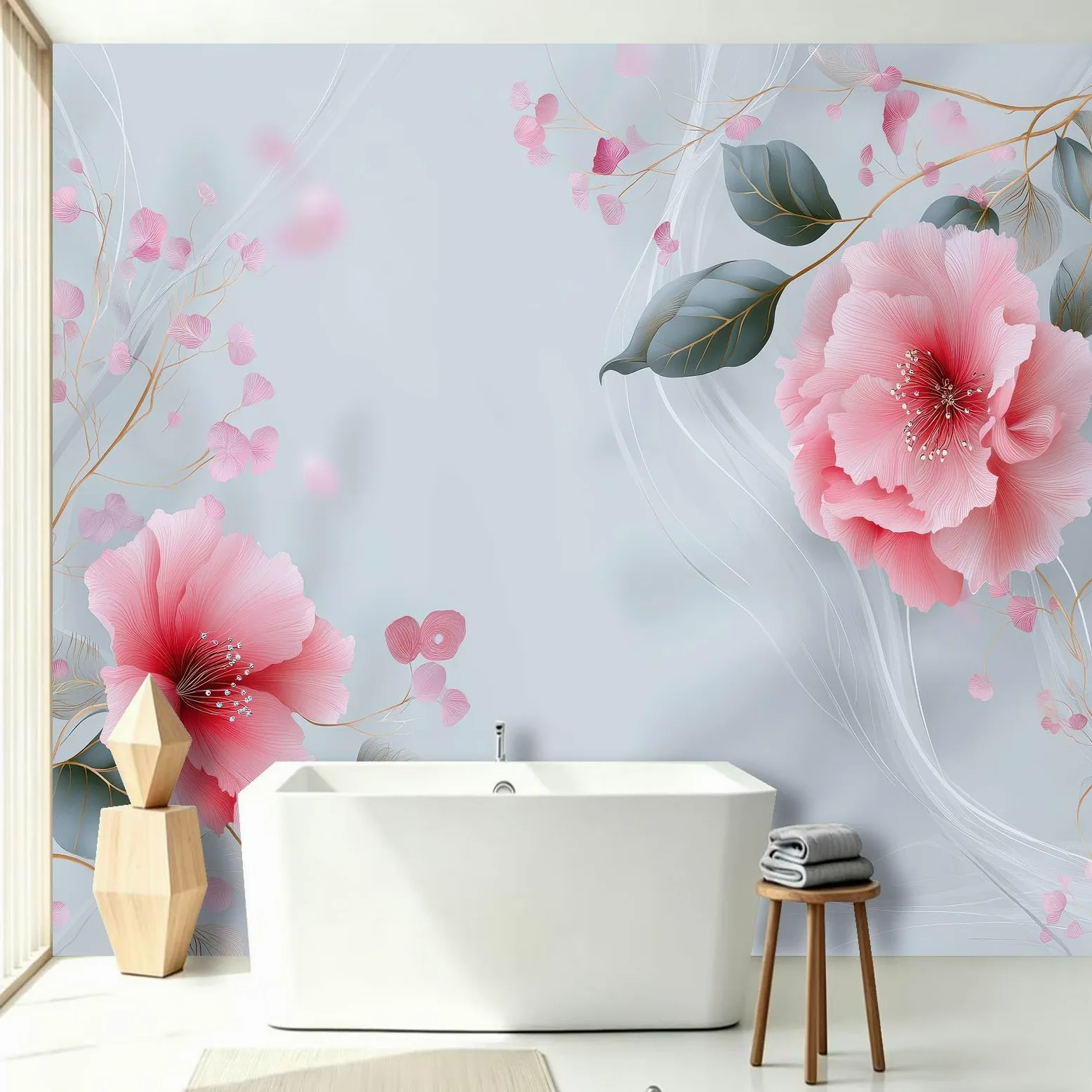 Générique Tapeta ścienna do salonu - kwiatowe płatki piwonii - 300x210cm Panoramiczna tapeta z włókniny, botaniczne linie falowane dekoracje ścienne 3D gobelin fotograficzny