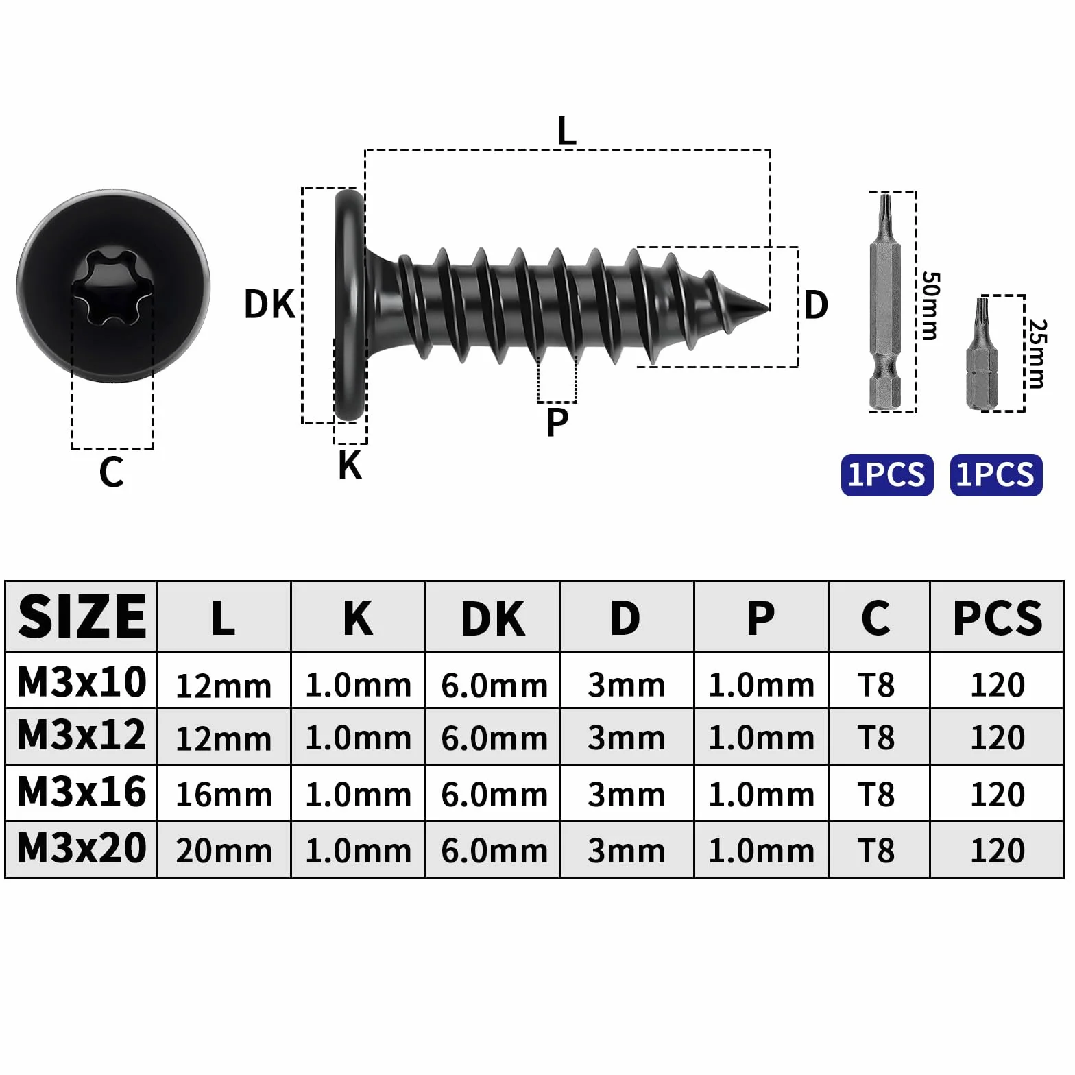 Mbsomnus 120 sztuk wkrętów Torx M3 x 20 mm, wkręty do drewna, stal nierdzewna, 304, wkręty samogwintujące, Torx, czarne, płaskie, do drewna, stali nierdzewnej, do szaf, stołów, mebli, 120 sztuk