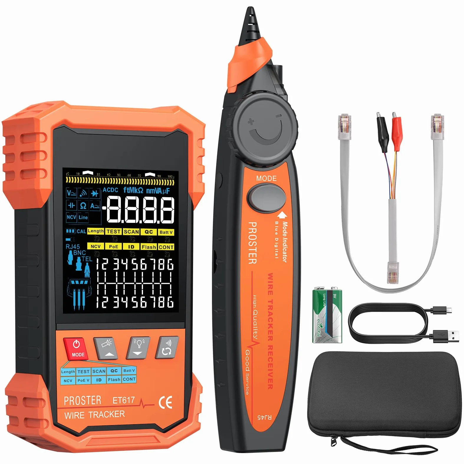 Proster Tester kabli PoE Tester kabli z cyfrowym i analogowym trybem wyszukiwania kabli,kolorowy ekran VA Tester kabla obsługuje test długości kabla dla CAT5 CAT6 CAT7 CAT8