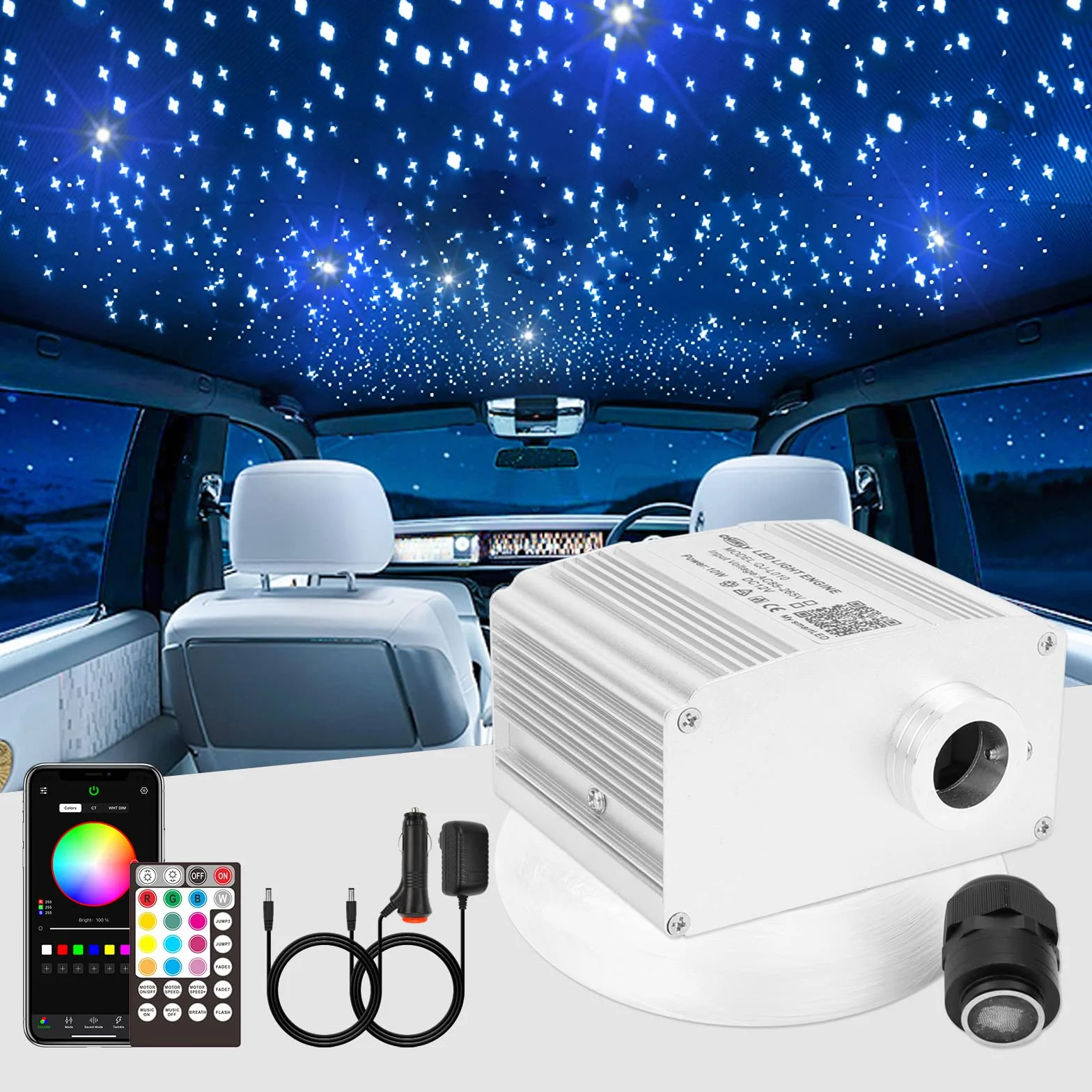 CHINLY Gwiazda z włókna szklanego Bluetooth 10 W RGBW Twinkle LED, zestaw lamp sufitowych, aplikacja / pilot zdalnego sterowania, mieszane 550 sztuk x 0,75 mm x 4 m, do domu i samochodu